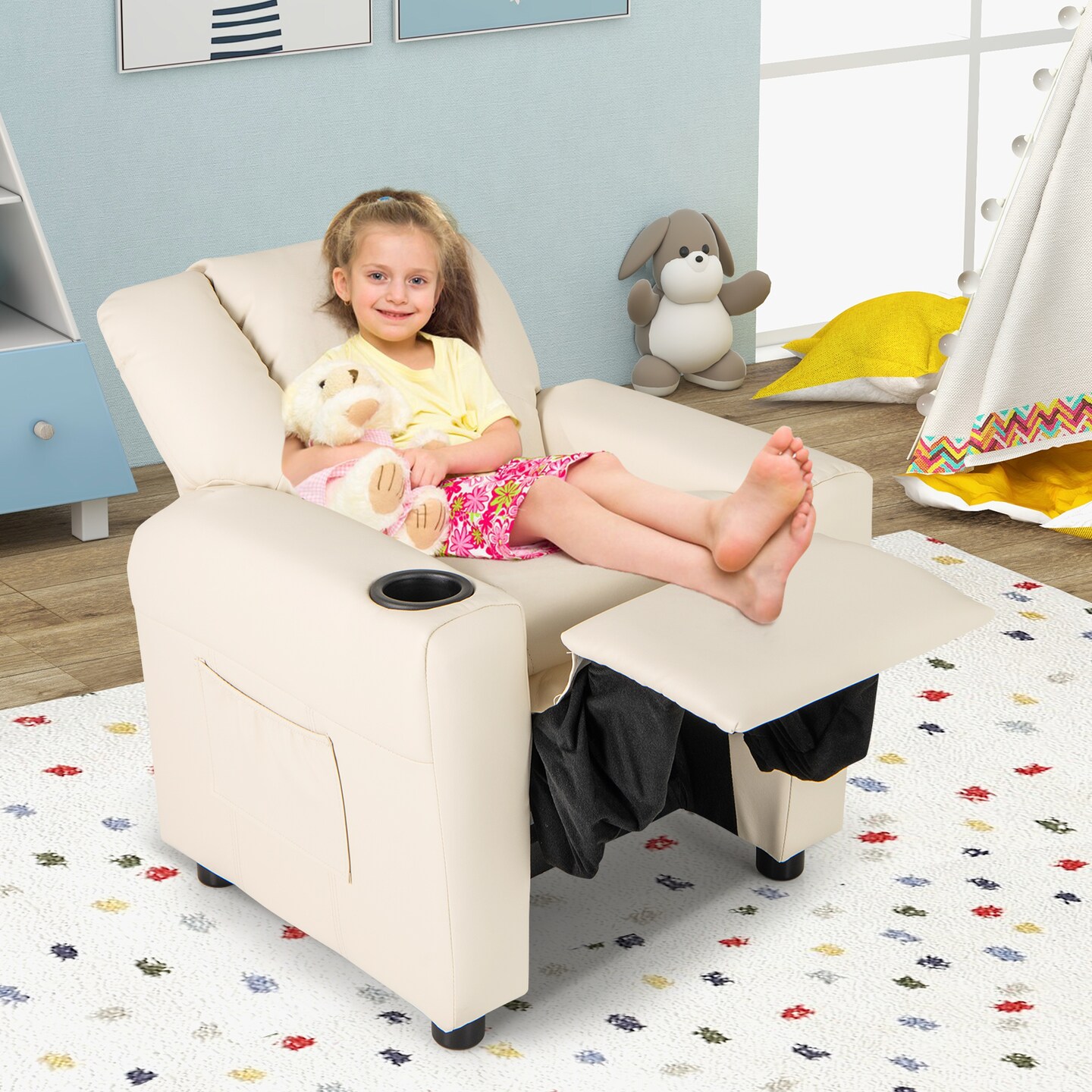 Sponge PU Wood PP Kids Recliner Chair with Adjustable Backrest, Footrest and Firm Cushion