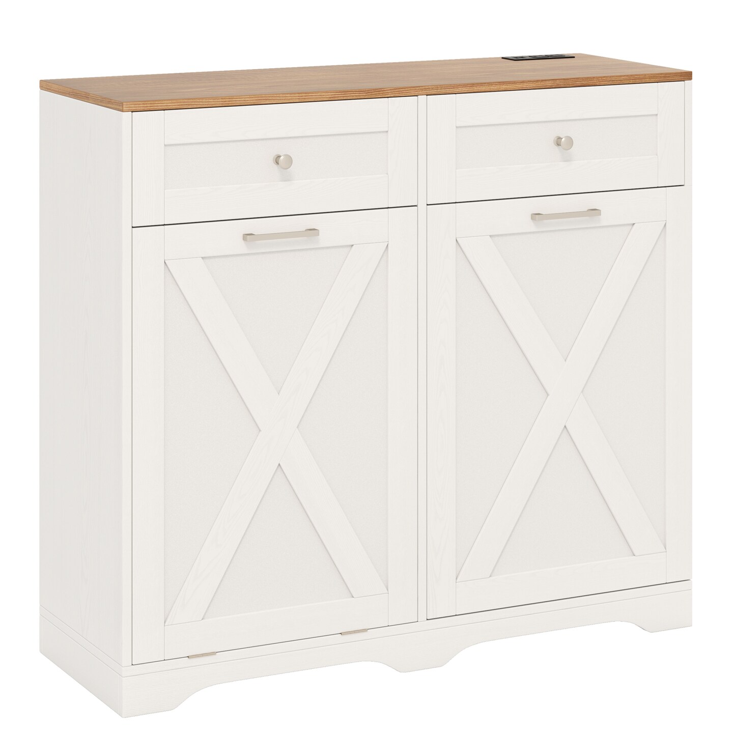 Tilt Out Wooden Trash Can Cabinet with 3 Position Adjustable Shelf and Power Outlets