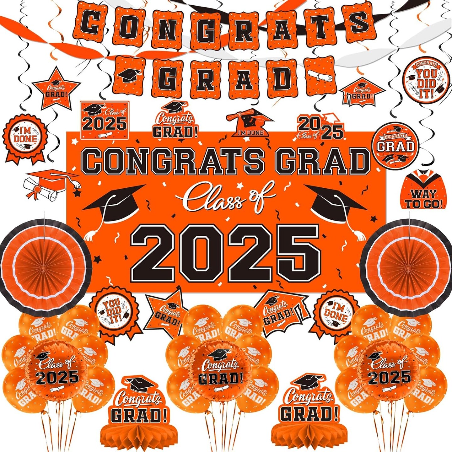 Orange Themed 2025 Graduation Decorations Set - Congrats Grad Banner, Class of 2025 Backdrop, Balloons & Streamers Kit - Complete Party Supplies for High School & College Celebrations