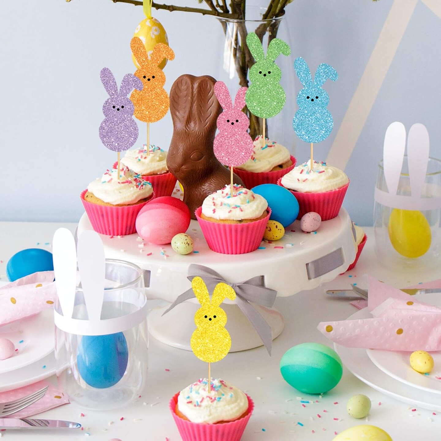 48PCS Easter Bunny Cupcake Toppers – Glitter Colorful Rabbit Picks for Cake & Party Decorations