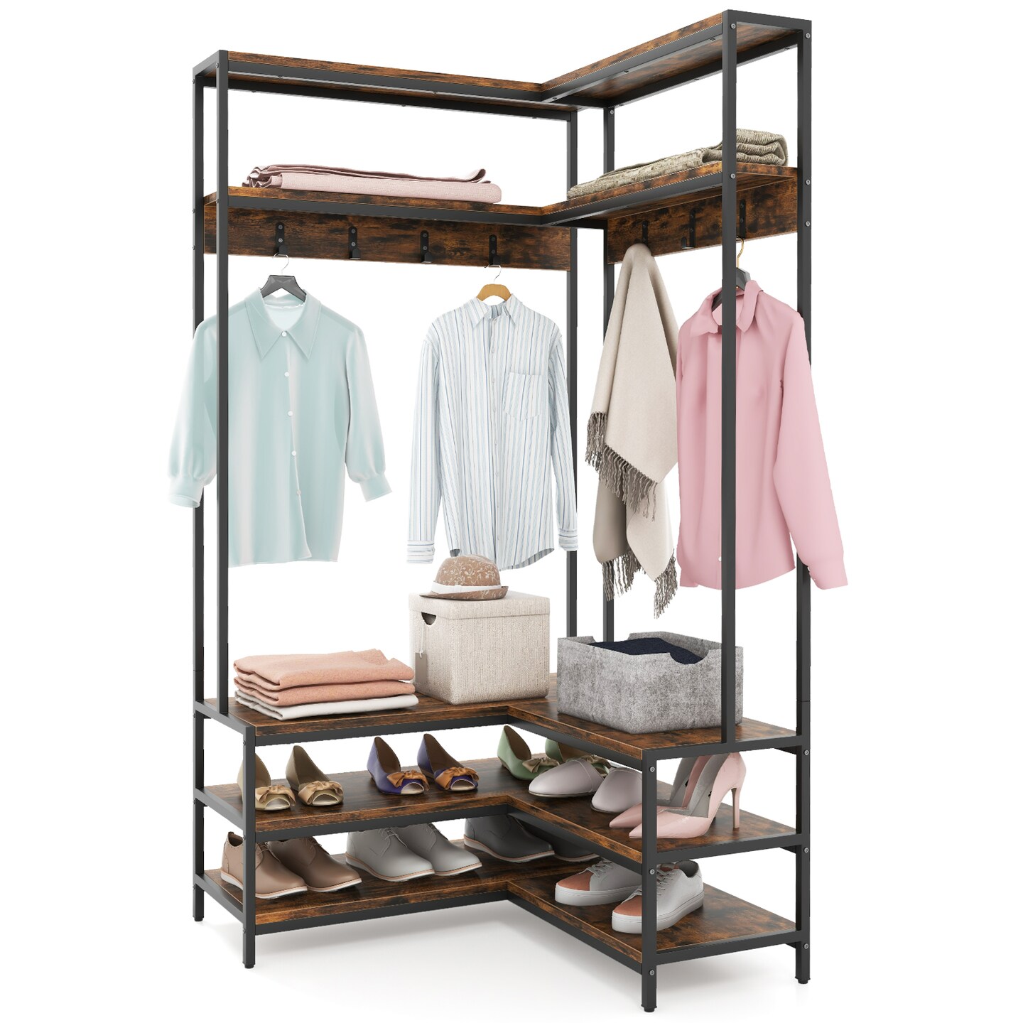 Multi-purpose Coat Rack with Open Shelves & Metal Hooks for Storage