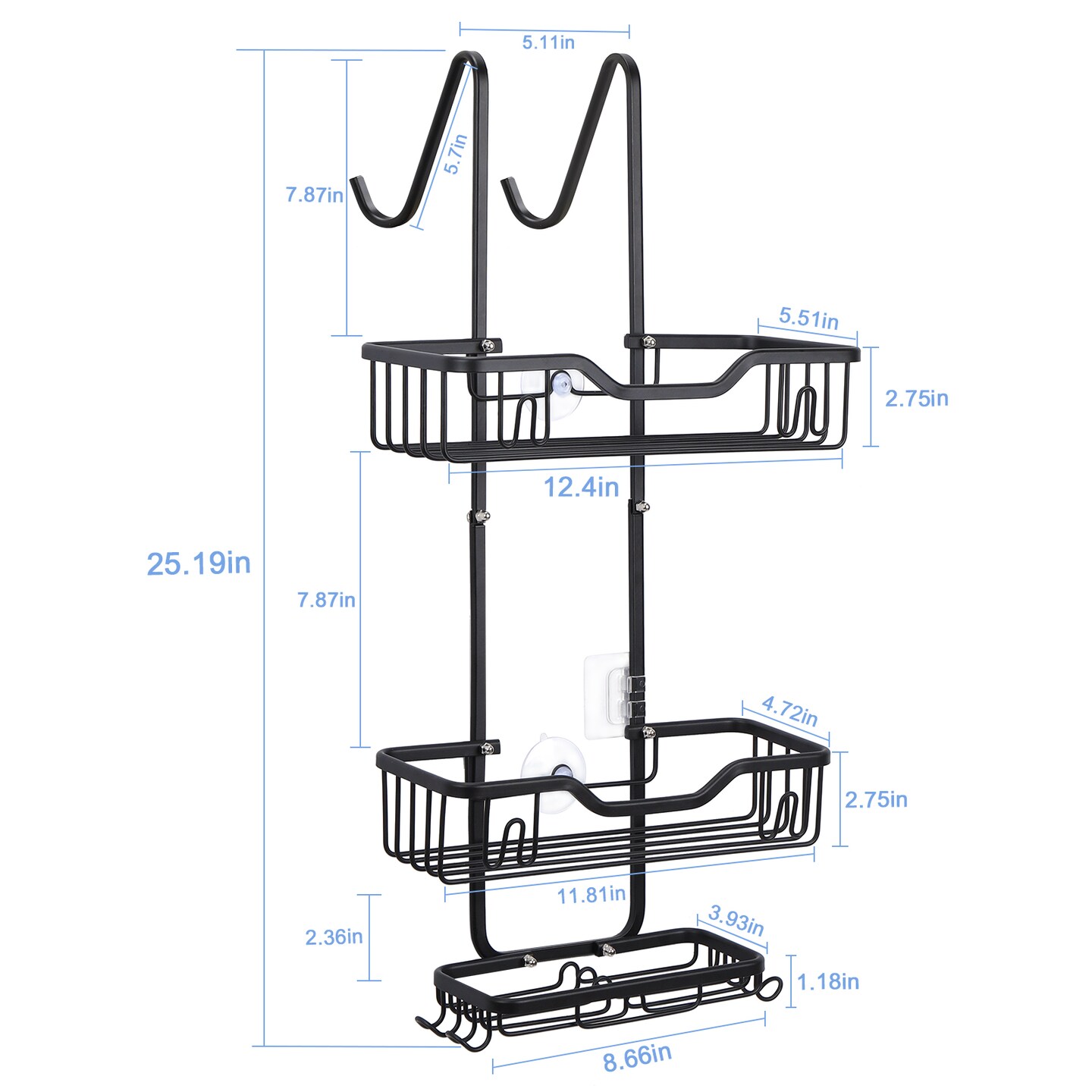 3-Tier Rustproof Shower Caddy with 4 Hooks – No Drill Hanging Bathroom Organizer, 40 lb Capacity, Adhesive Suction Cups for Shampoo, Soap, Towels