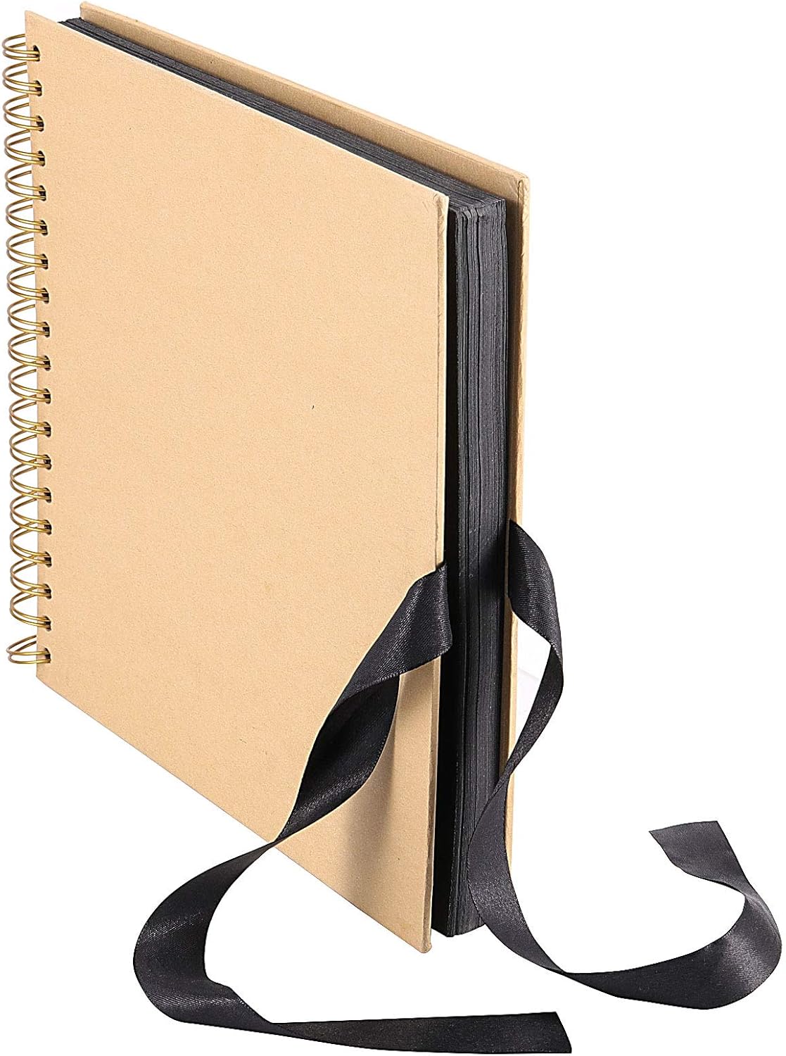 DIY Scrapbook Album, Brown Hardcover Black Paper Spiral Scrapbook Journal with Ribbon and Corner Stickers, Blank Photo Album Bulk for Anniversary Birthday Wedding