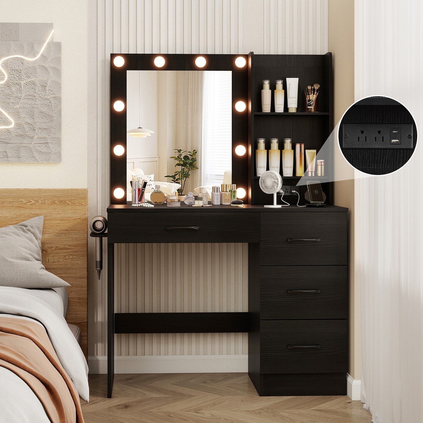 MDF Vanity Desk with Mirror, 3-Color Lighting, Storage and Charging Station