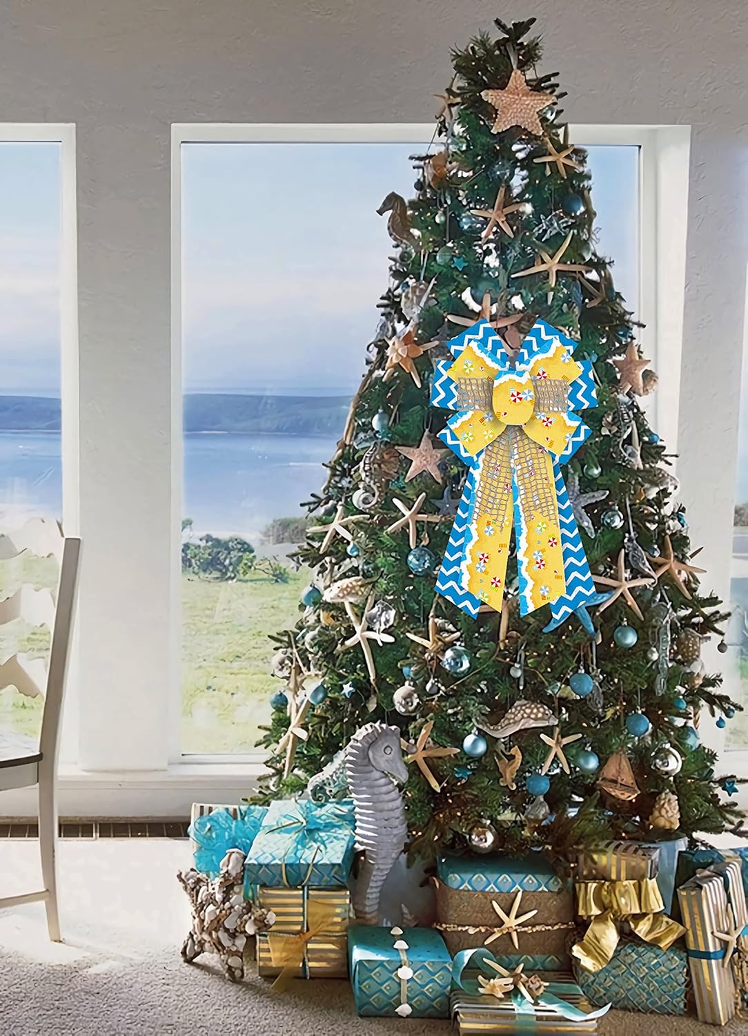 Large Summer Wreath Bows – Blue & Yellow Burlap Ocean Wave Bows for Front Door & Party Decor