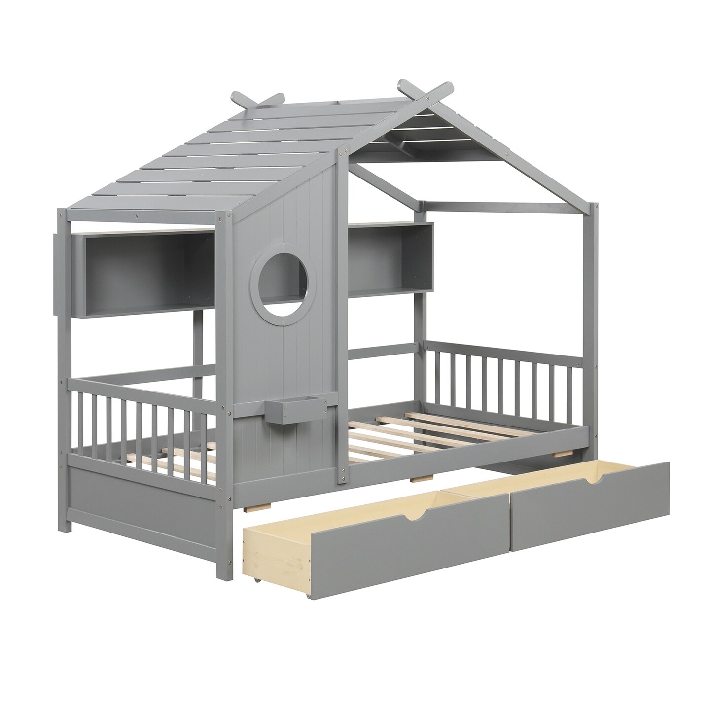 Twin Size Pine Wood House Bed with Storage Drawers, Guardrails and Shelves