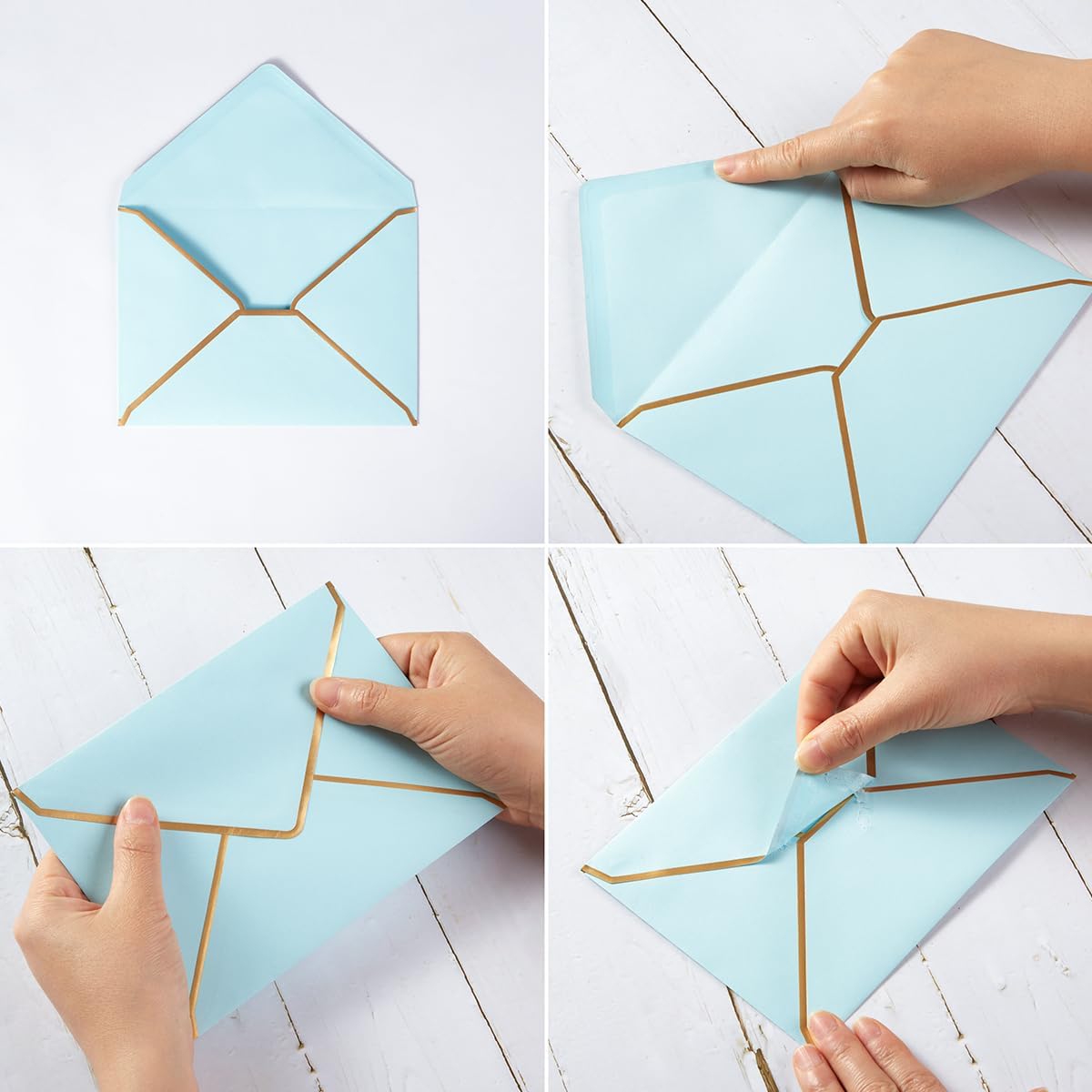 50 Pack A7 Envelopes Light Blue 5 x 7 Self-Adhesive V Flap Envelopes with Gold Border for Office, Greeting Card, Wedding, Graduation, Baby Shower, Parties, Invitations (Light Blue, 5x7)