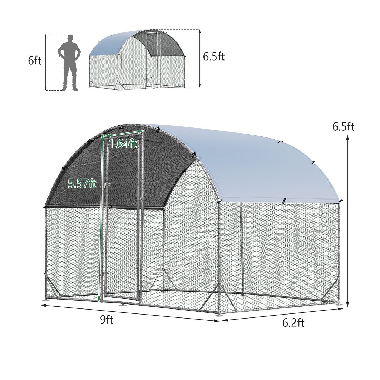 Galvanized Metal Chicken Coop with Waterproof Cover, Lockable Door and Spacious Design