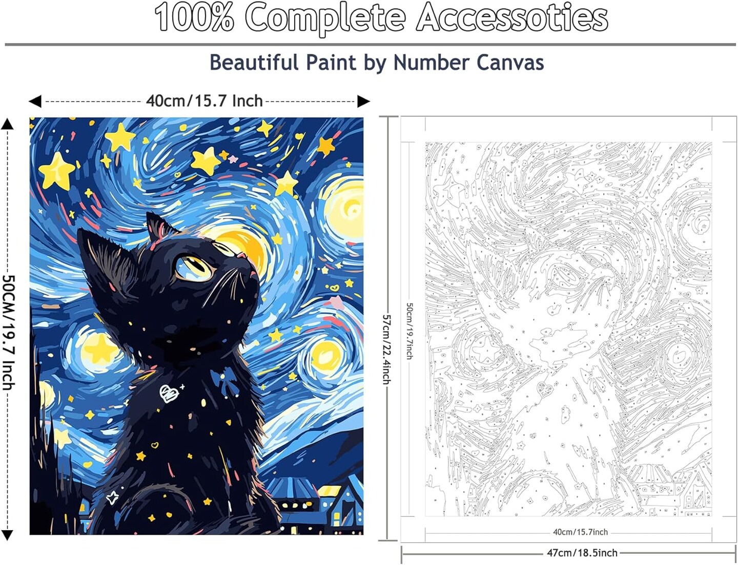 Paint by Numbers for Adults Black Cat, Paint by Numbers Kit on Canvas for Beginners, Starry Night Number Painting Set Craft Supplies, 3 Paintbrushes and Acrylic Paint 16x20 Inch