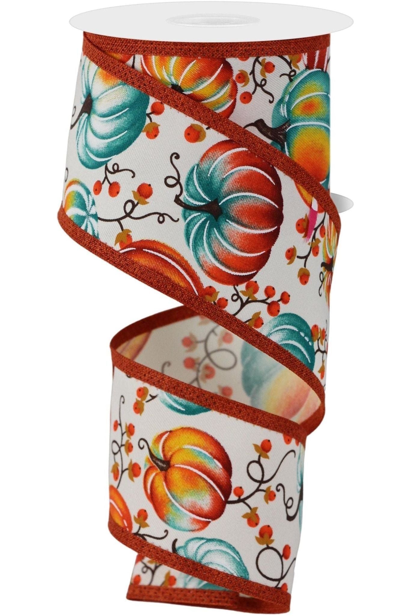 2.5&#x22; Pumpkins Bittersweet Ribbon: Ivory/Teal (10 Yards)