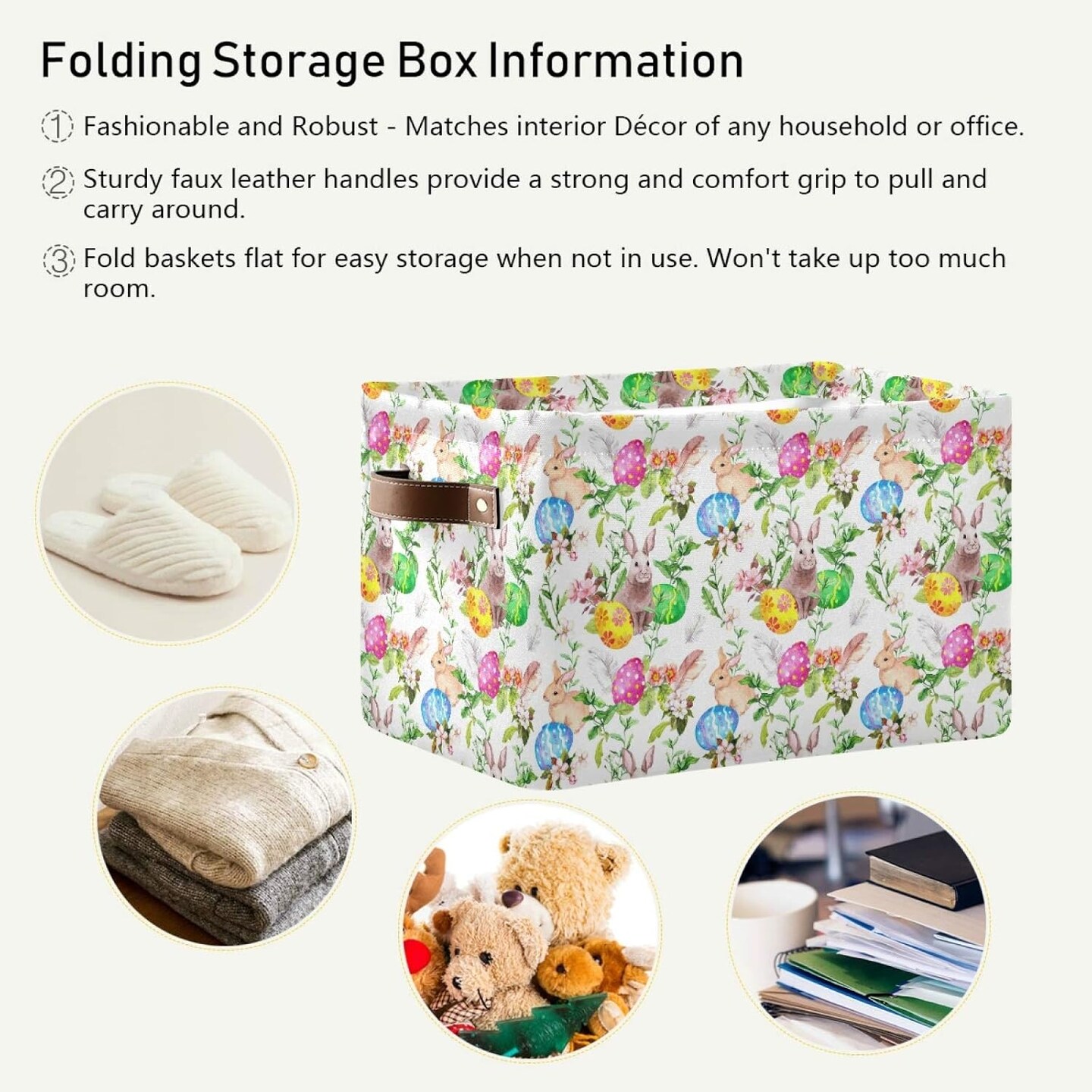 Easter Basket Storage, Box with Handles Easter Bunny Eggs in Grass Flowers Fabric Collapsible Storage Bins