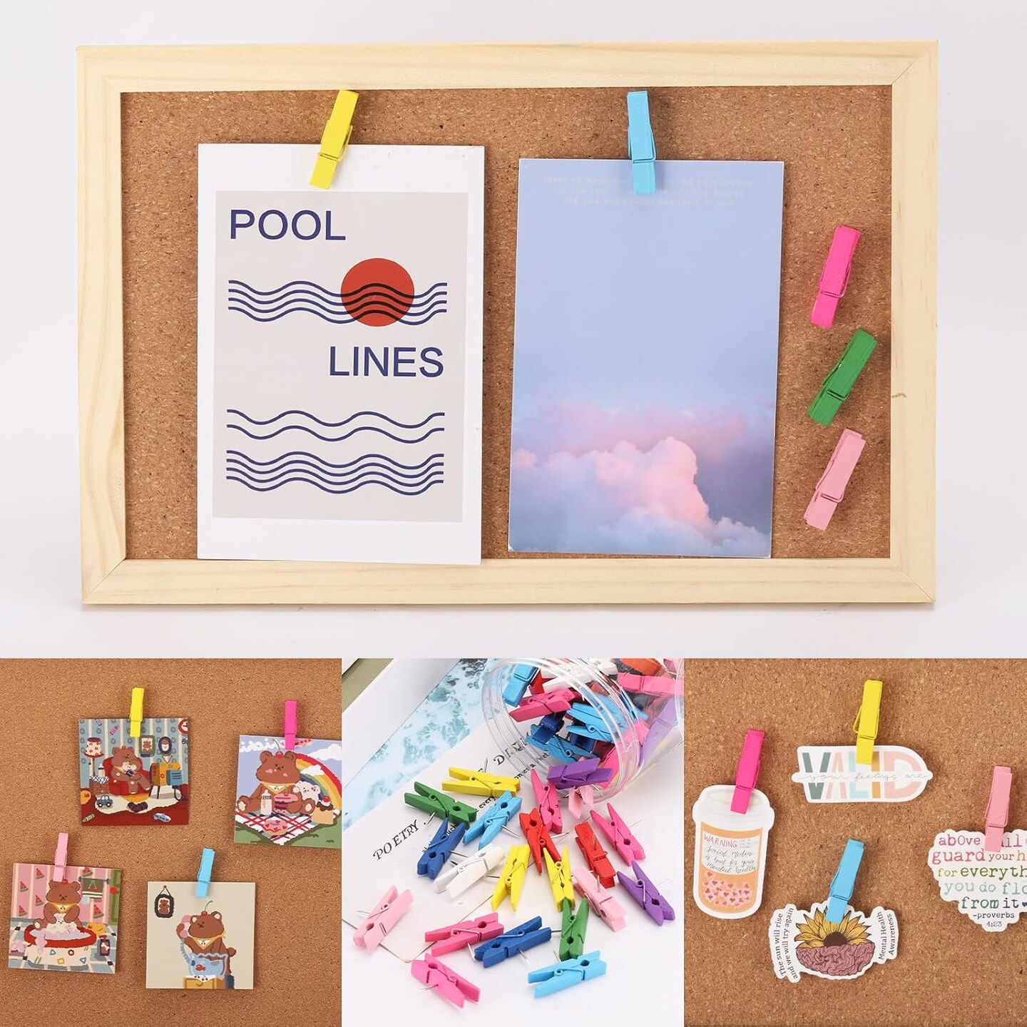 100 Pcs Push Pin with Wooden Clips Colorful Push Pin Clips,Decorative Push Pins for Cork Board Artwork