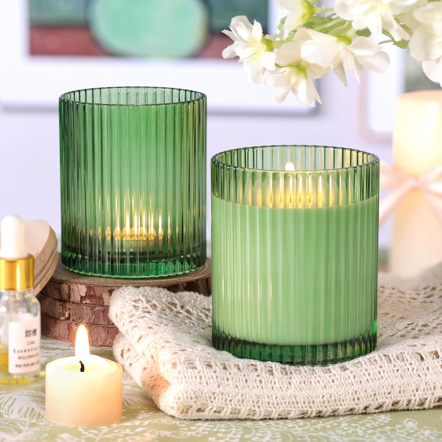 10 OZ Green Candle Jars for Making Candles Set of 8, Ribbed Glass Candle Jars with Wood Lids and Labels, Candle Containers for DIY, Gifts, Home Decoration