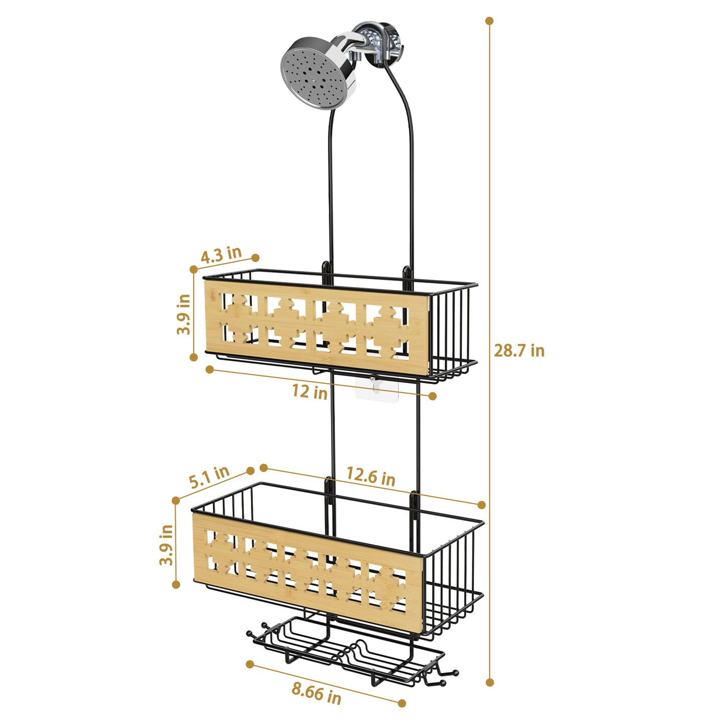 3-Tier Hanging Shower Caddy Over Shower Head – Rustproof Bathroom Organizer with Soap Holder, Bamboo Board & Hooks, No-Drill Installation (28.7"H, 40 lb Capacity)
