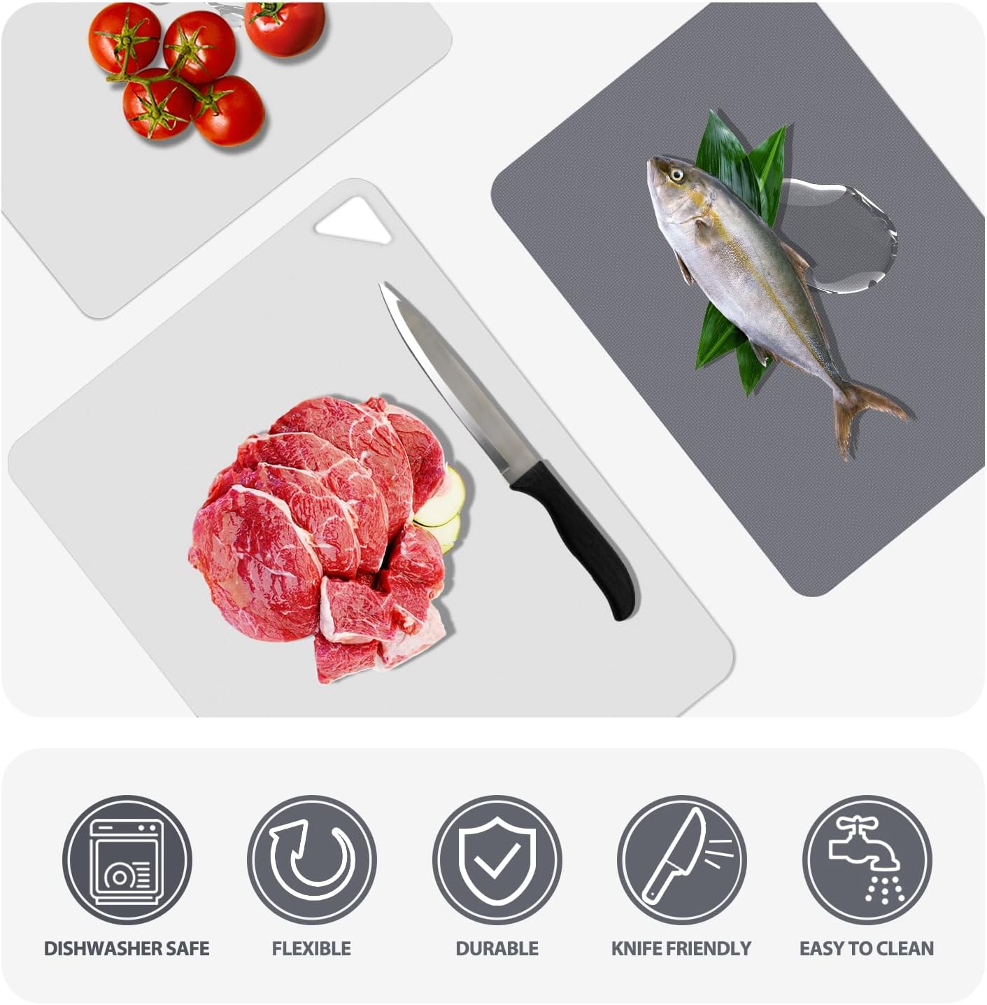 Flexible Plastic Cutting Boards Mats for Kitchen Set of 3, Non Slip Cutting Mat