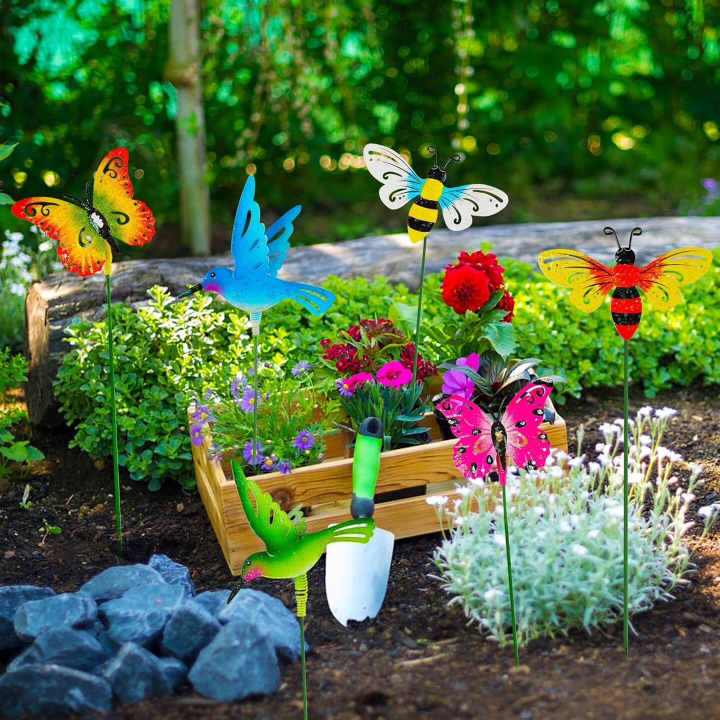 6 Pack Metal Yard Stakes Spring Decor, Outdoor Metal Colorful Butterfly Hummingbird &#x26; Bee Shaking Head Yard Art, Rust Proof Metal Plant Sticks for Yard Lawn Pathway Patio Ornaments