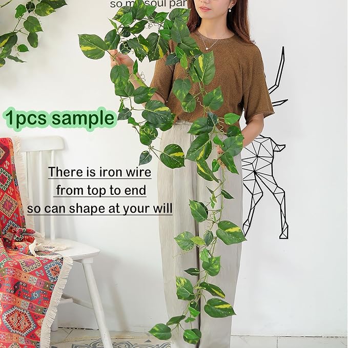 2Pack 14Ft Flame Retardant Artificial Ivy Scindapsus Leaves Bendable Fake Green Plants Vines Ivy Garland Wreath Silk Hanging Rattan Bedroom Wedding Party Garden Wall Table Front Door Ceiling Decor