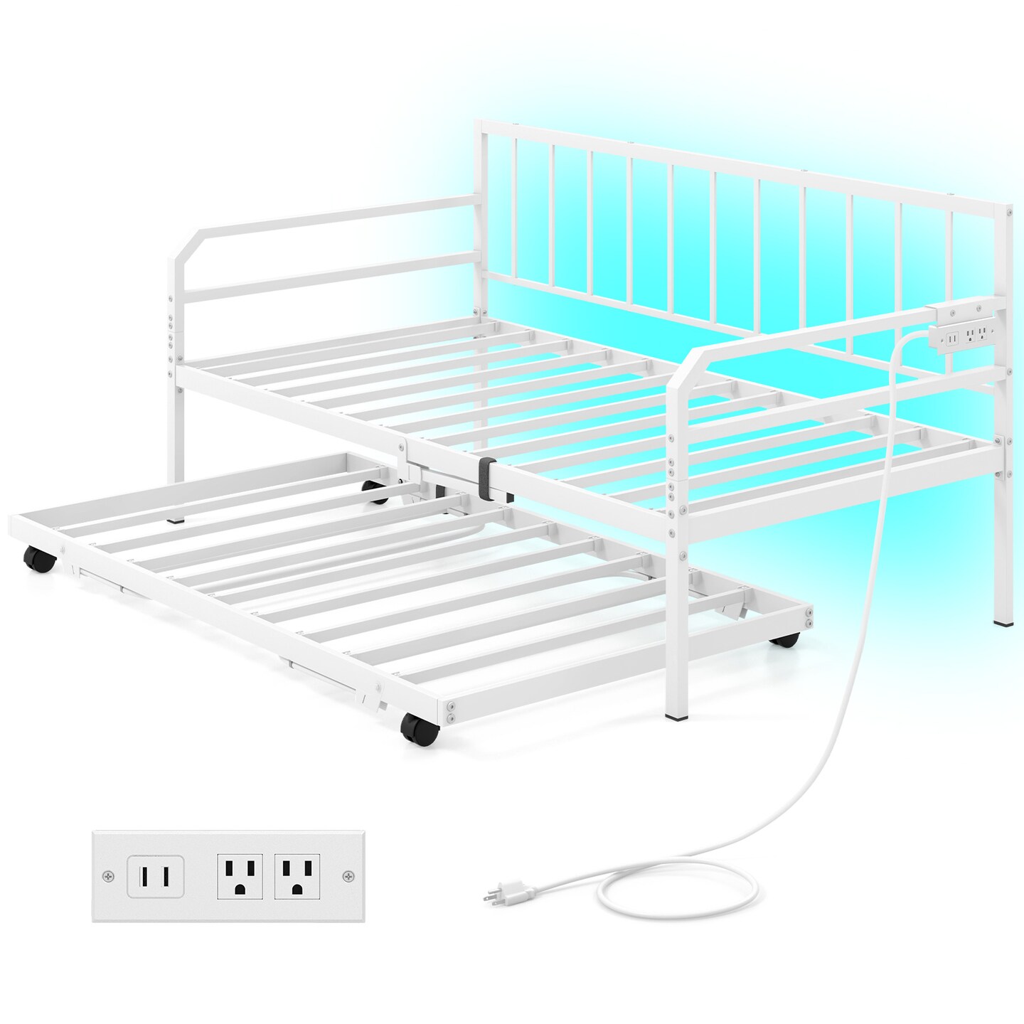Adjustable Twin Daybed with Pop-Up Trundle, LED Lights and Power Strip