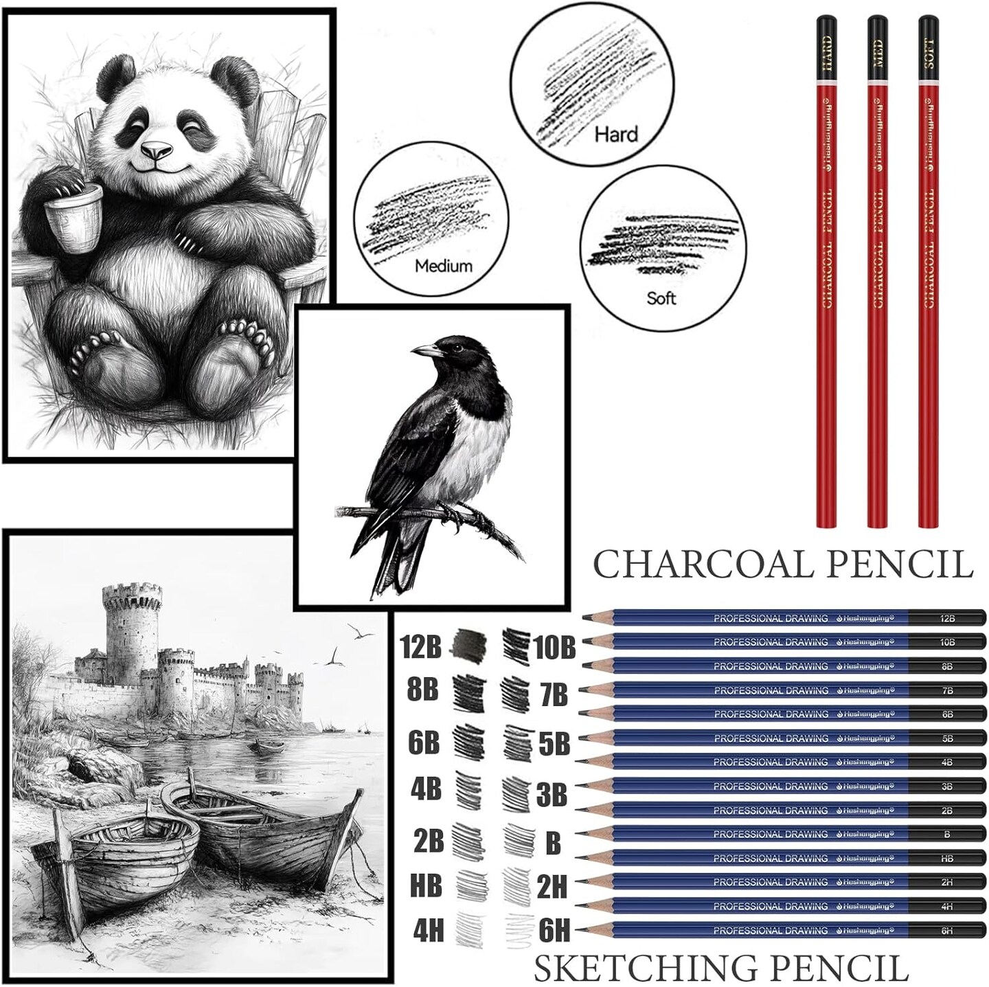 Drawing Sketching Pencil Set, 26 pcs Draw Supplies Kit, 14 Graphite (12B -6H), Charcoal Erasers Sharpener Extender, Ideal for Drawing Art, Sketching, Shading, Artist Pencils for Beginners Pro Artists