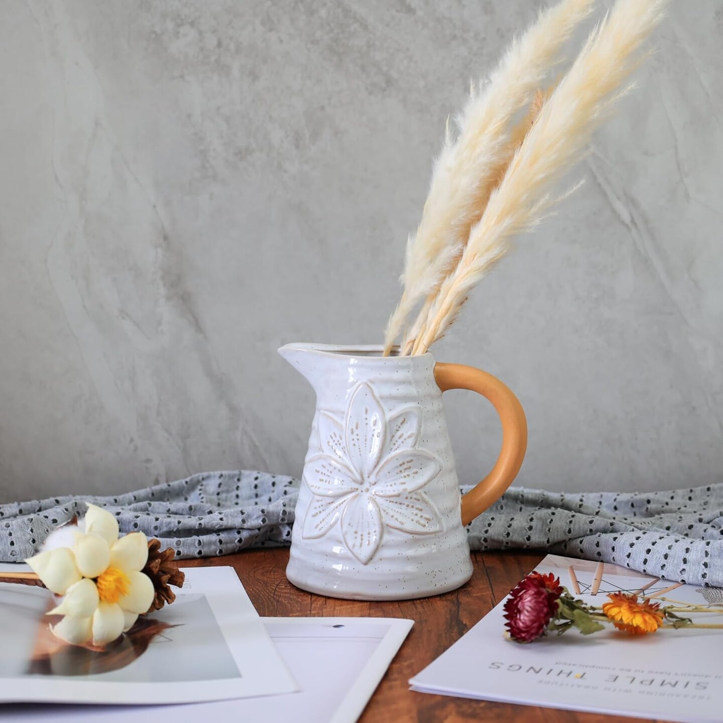 Rustic Farmhouse Vase, Polka Dot Flower Pattern Design for All Home Decor Styles, Ceramic Flower Vase, Ideal for Living Room,Dining Room, Mantel, Bedroom,Office, Bookshelf Decoration 6.3"L x 4.72"W x 6.02"H