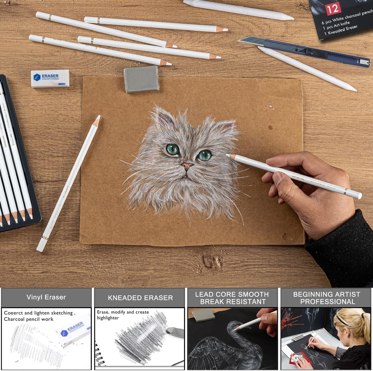 White Charcoal Pencils Set - 12 Piece White Colored Pencils for Drawing, Sketching, Shading, Blending, White Chalk Pencils for Kid, Beginners &#x26; Pro Artists