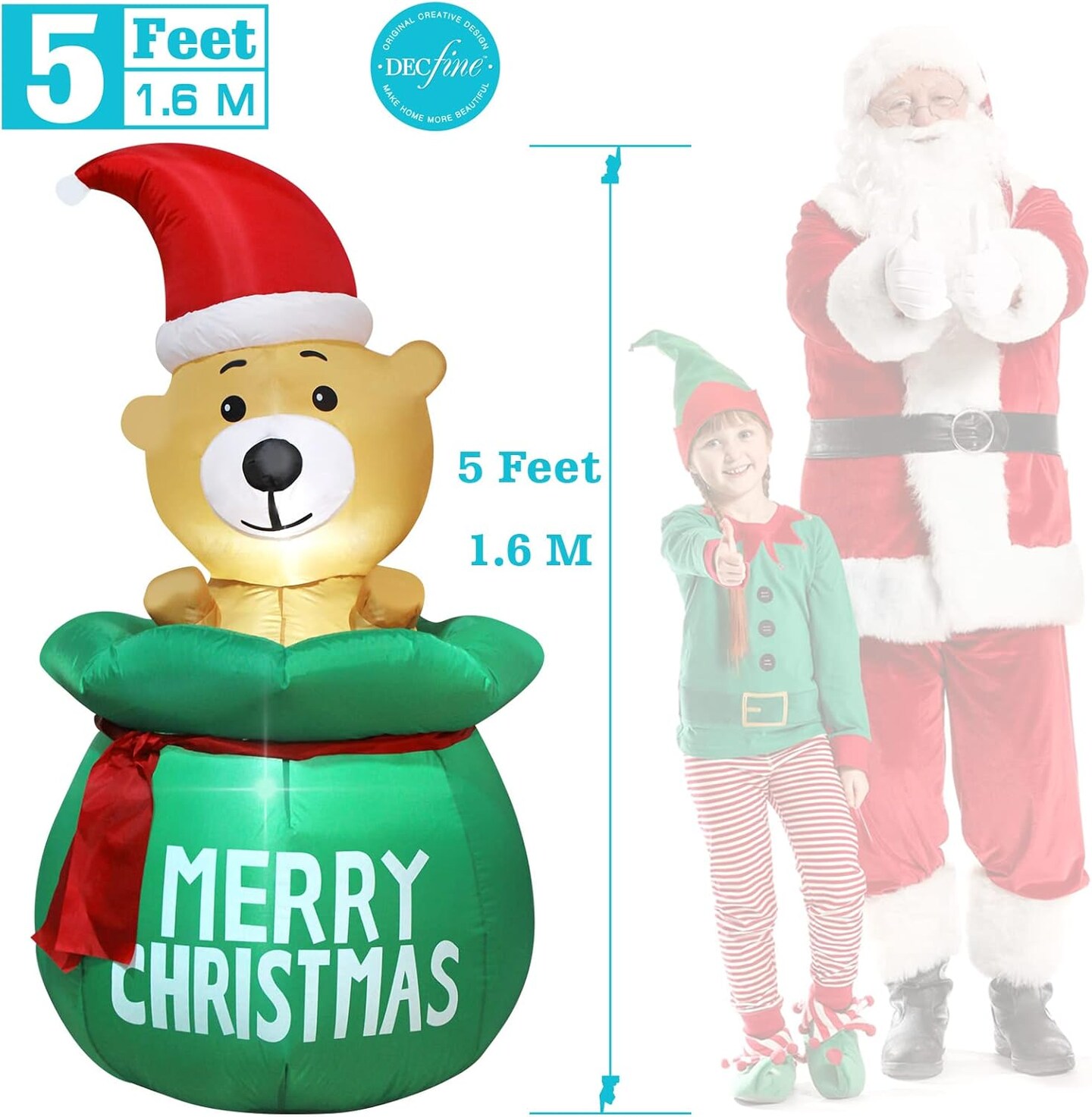 5 Feet Christmas Inflatable Bear with Santa&#x27;s Bag Lighted Blow Up Christmas Yard Decoration with Built in Fan and Anchor Ropes (Bear with Gift Bag)