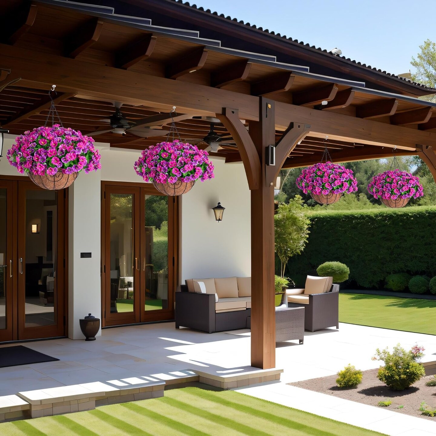Artificial Hanging Flowers with Basket, Faux Silk Petunias Spring Flower Arrangement