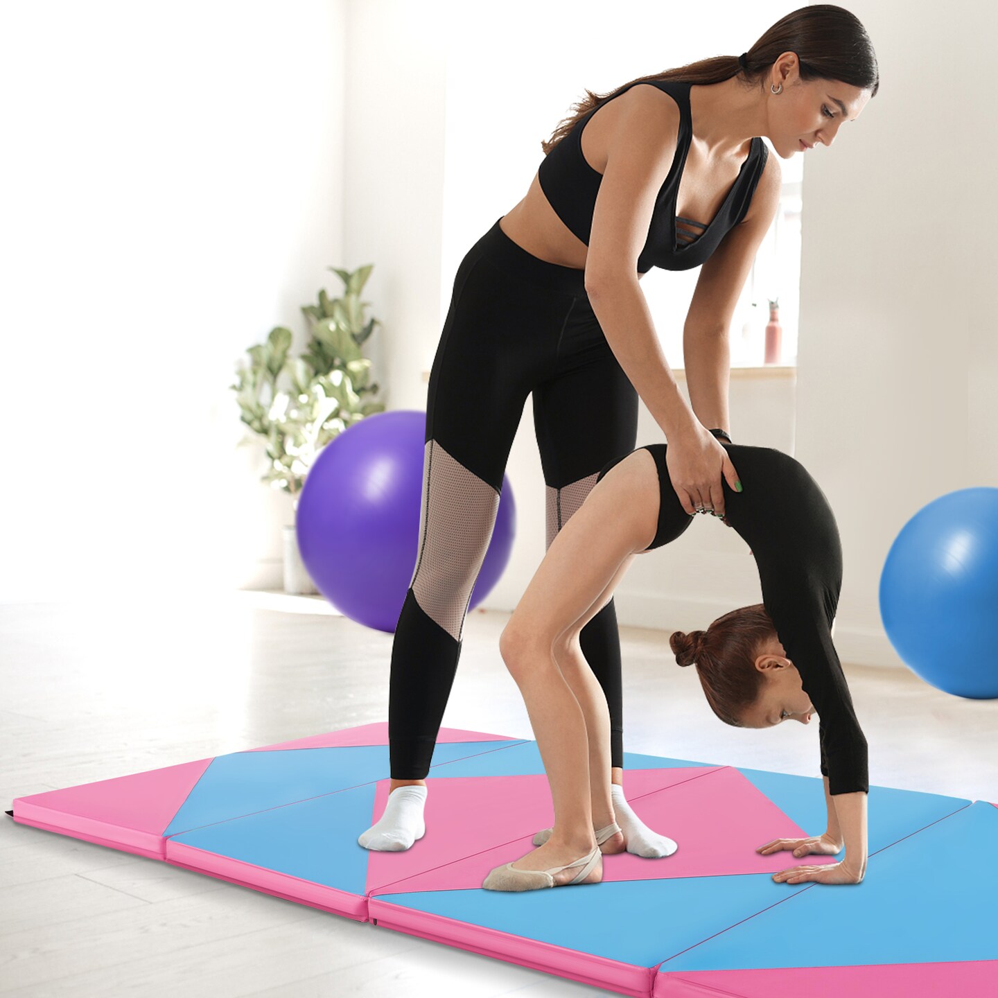 8 Feet PU Leather Folding Gymnastics Mat with Removable Zippered Cover and Hook and Loop Fasteners