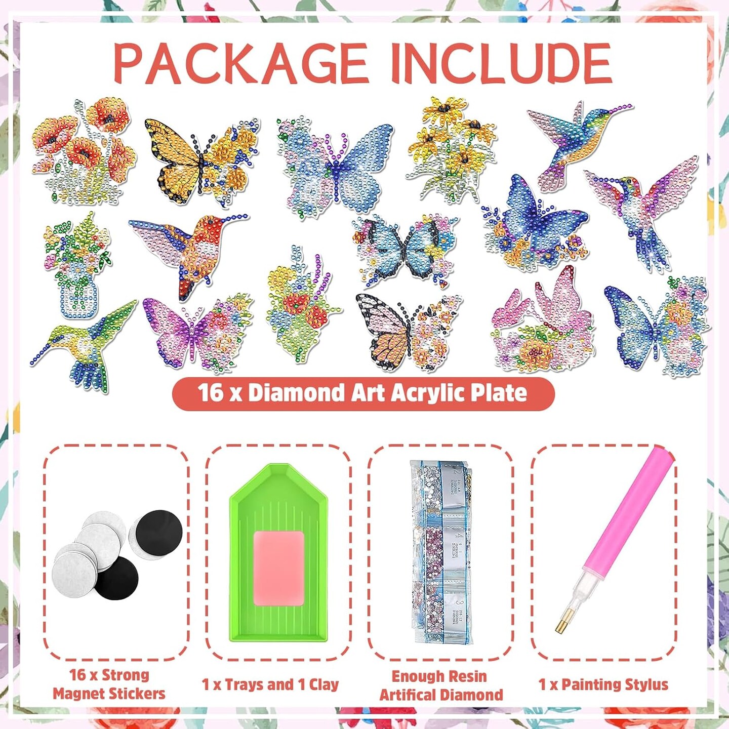 Diamond Painting Art Refrigerator Magnets - 16 PCS DIY Butterfly Hummingbird Flower Fridge Magnet Set Floral Crystal Art Craft for Women Adults Beginners Home Decors