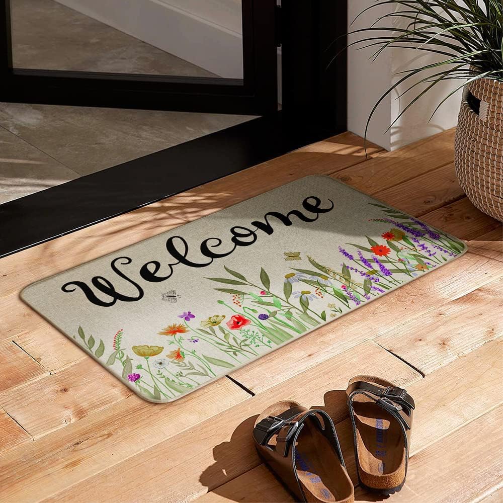 Spring Welcome Doormat 17 x 29 Inch, Flower Decorative Door Mat Non-Slip and Washable Rubber Backed Seasonal Entryway Rugs for Indoor Outdoor DM062