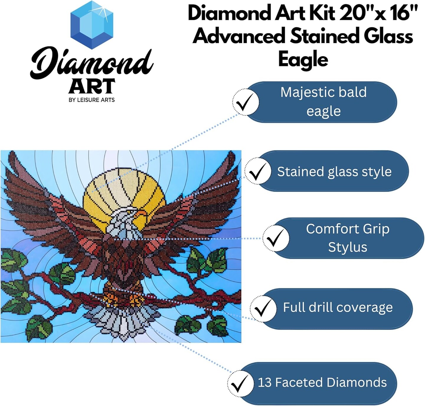 Diamond Painting Kits for Adults 16&#x22;X20&#x22; Advanced Stain Glass Eagle, Full Drill, Art Kits, Dimond Art, for Adults, Kit