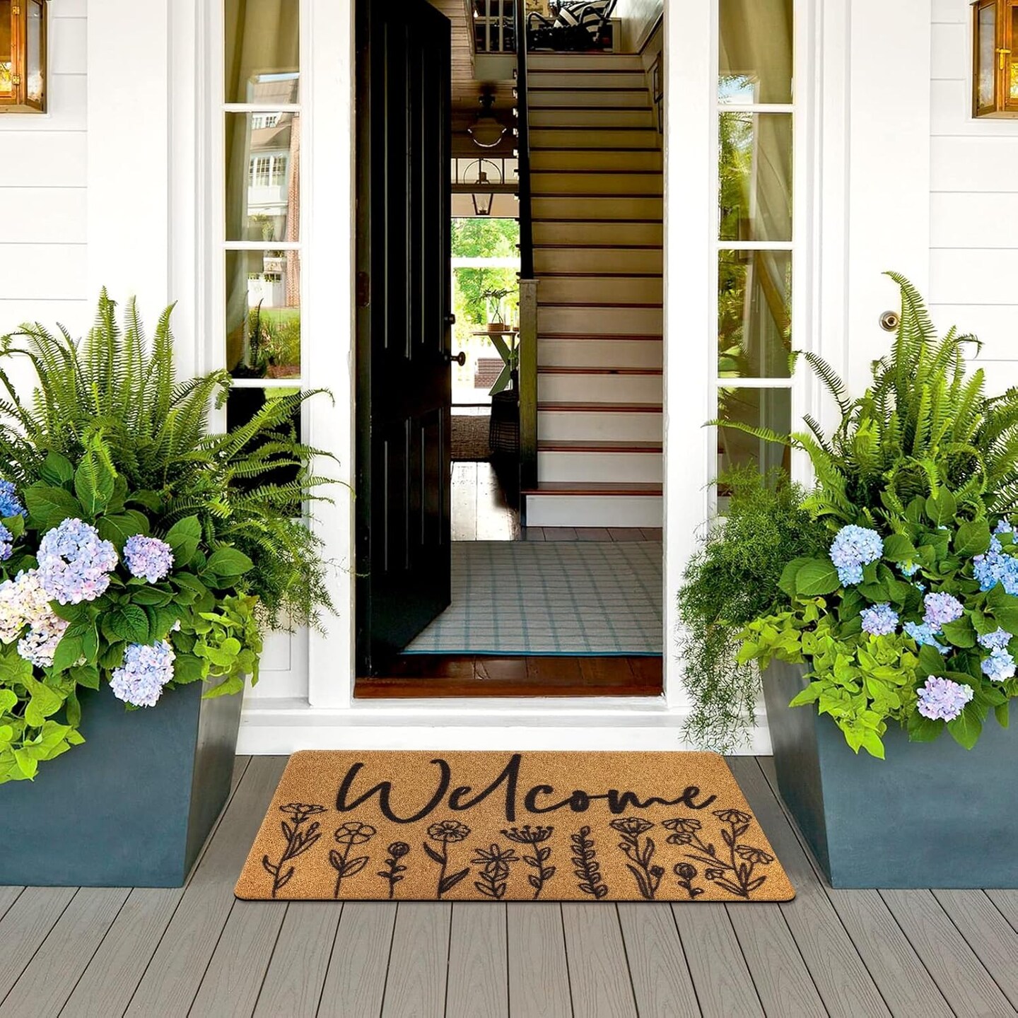 Wildflower Welcome Door Mat, Flower Coir Doormat Spring Boho Decor with Non-Slip Backing Indoor Outdoor Home Entrance Floor Funny Porch Rug Housewarming Gift 29.5&#xD7;17 Inches