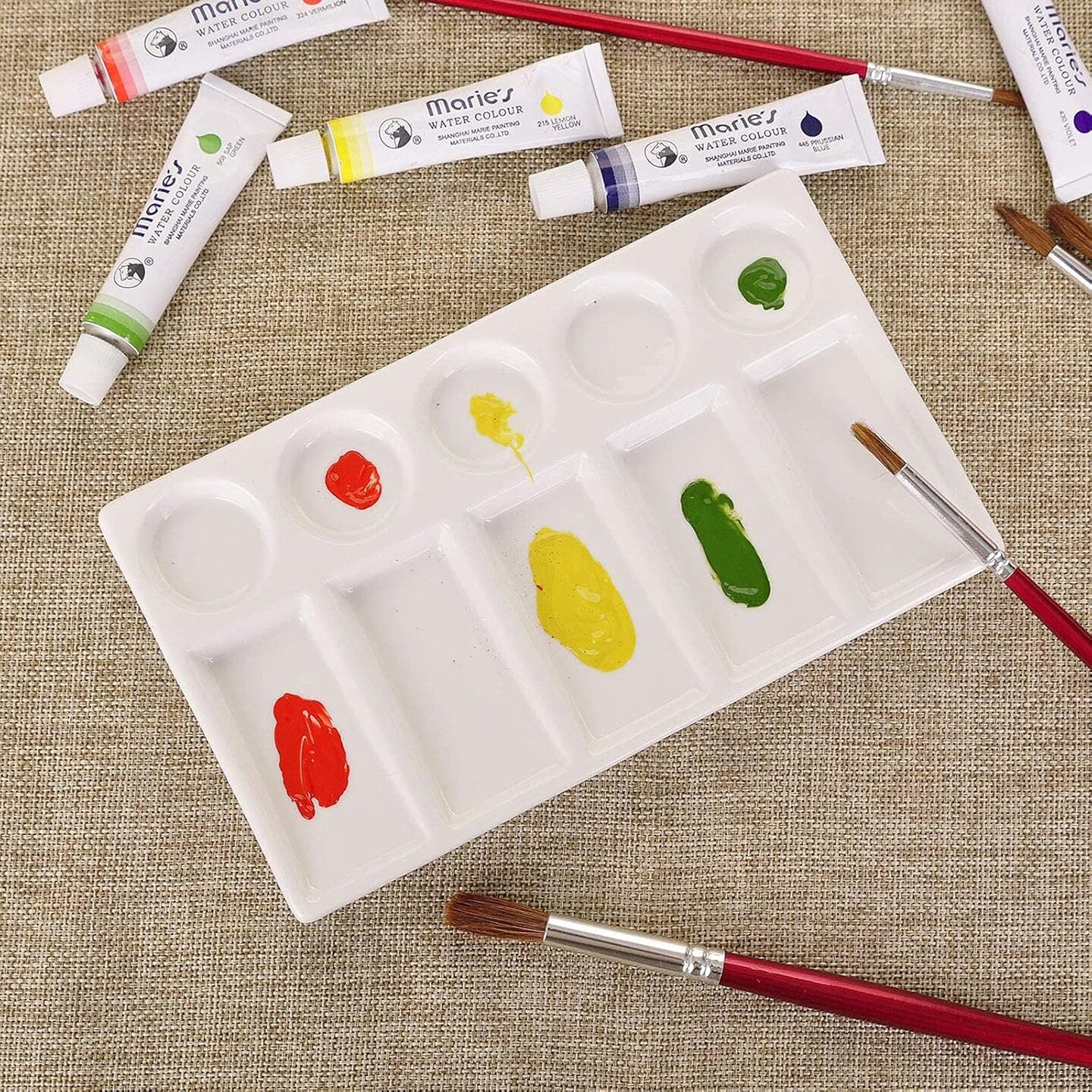 Ceramic Artist Paint Palette Tray - 10-Well Rectangular Shape Porcelain Leak Proof Painting Palette for Watercolor Gouache Painting