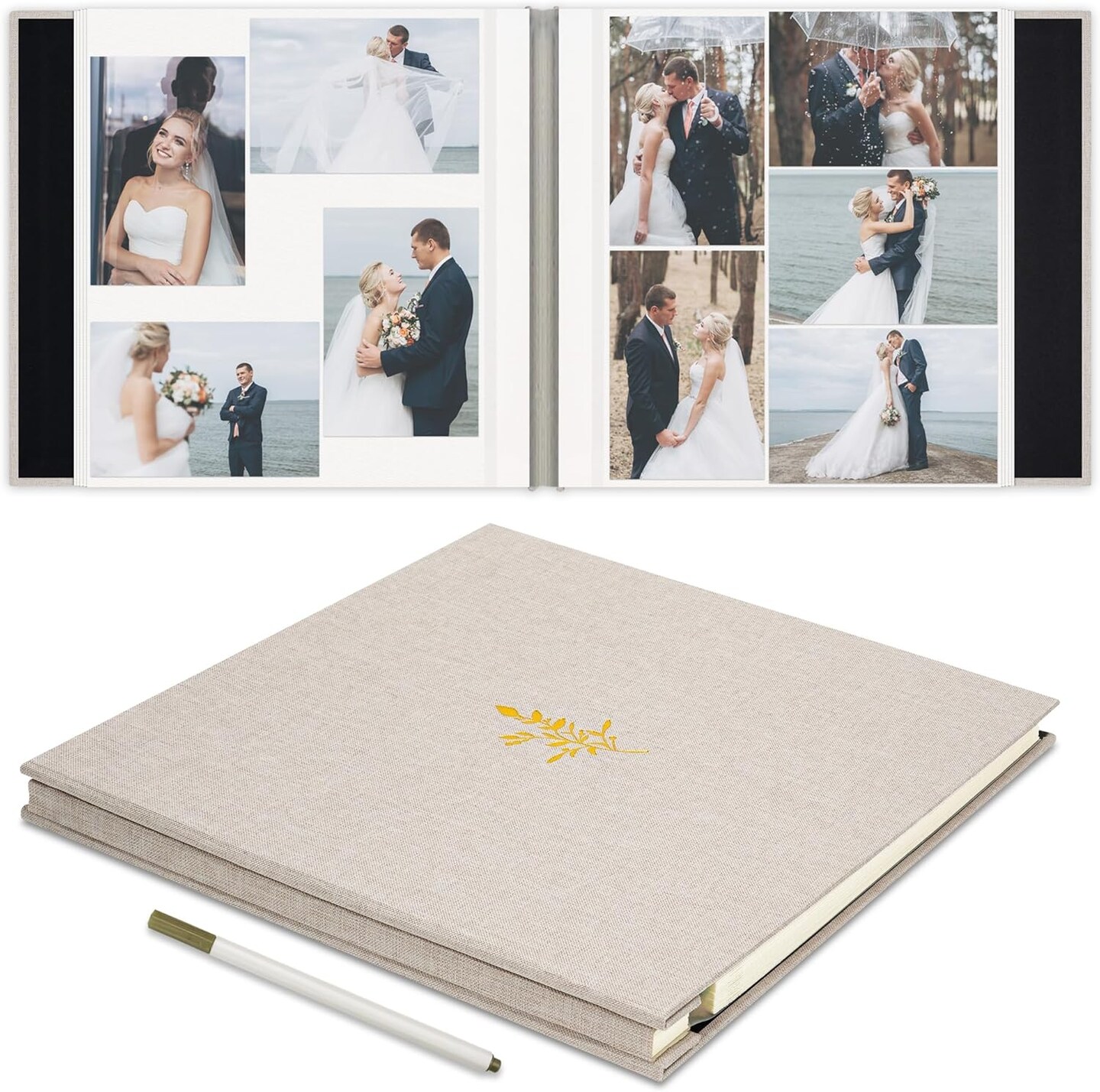 Self Adhesive Photo Album, Beige Scrapbook Album with DIY 60 Blank Pages, Wedding Photo Album with A Metallic Pen