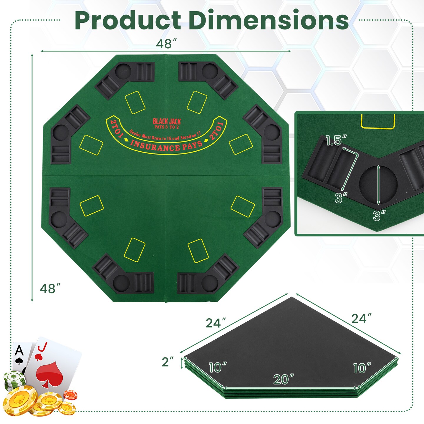 Felt Folding Portable Poker Table Top with Cup Holders and Chip Trays