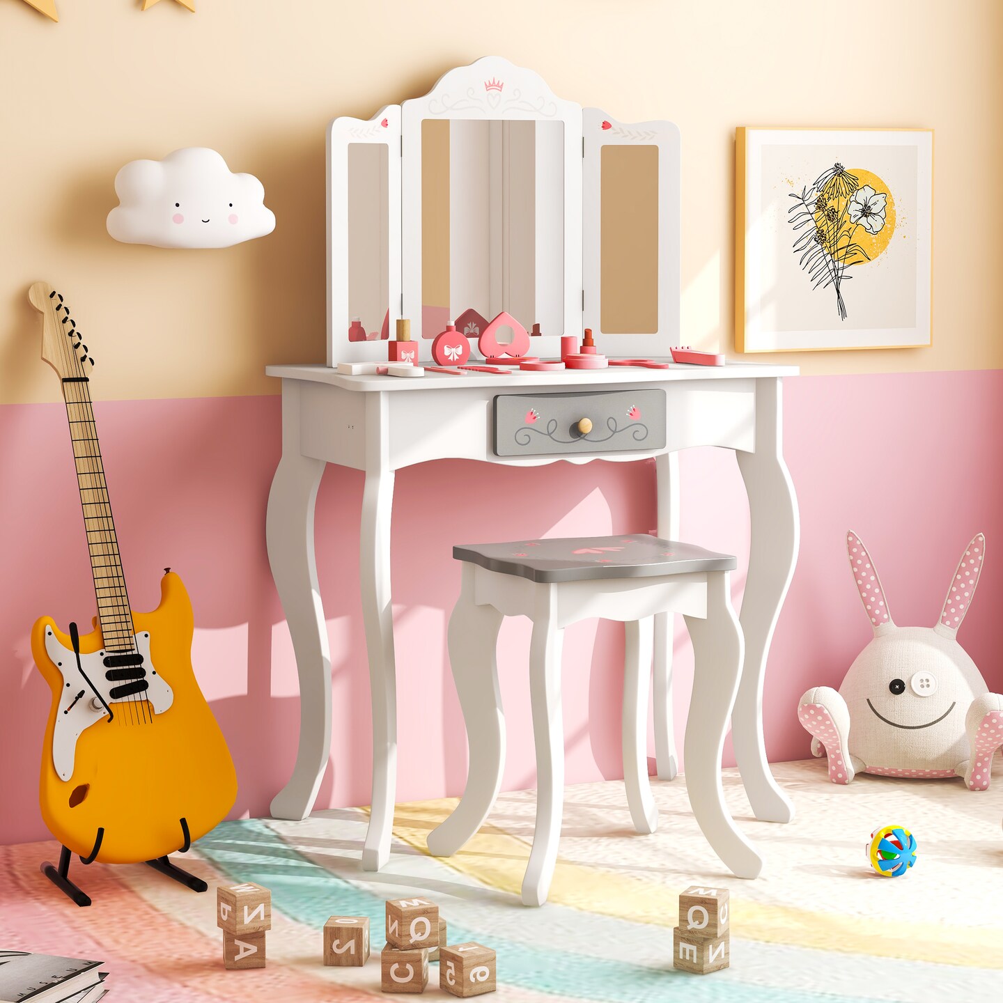MDF Kids Vanity Set with Mirror, Drawer, Stool, Accessories and Convertible Design