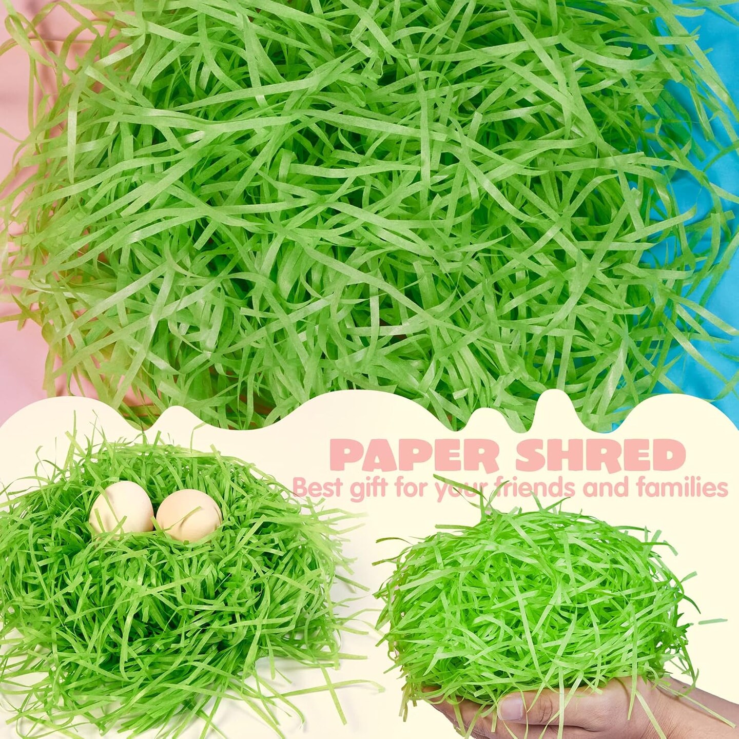 36 oz Easter Grass in Green, Pink, and Yellow for Baskets, Gift Wrapping, Egg Hunts, and Party Favors.