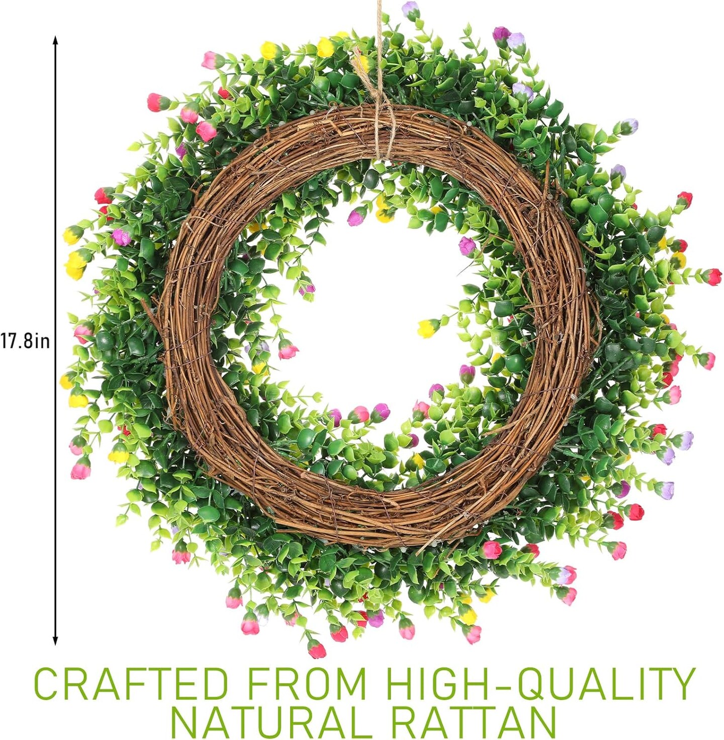 Spring Wreaths for Front Door Silk Artificial Rose Flower Wreath 120 Colorful Flowers with Plastic Green Eucalyptus Leaves Farmhouse Outdoor Wreath for Home Summer Decorations, 17.8 Inches
