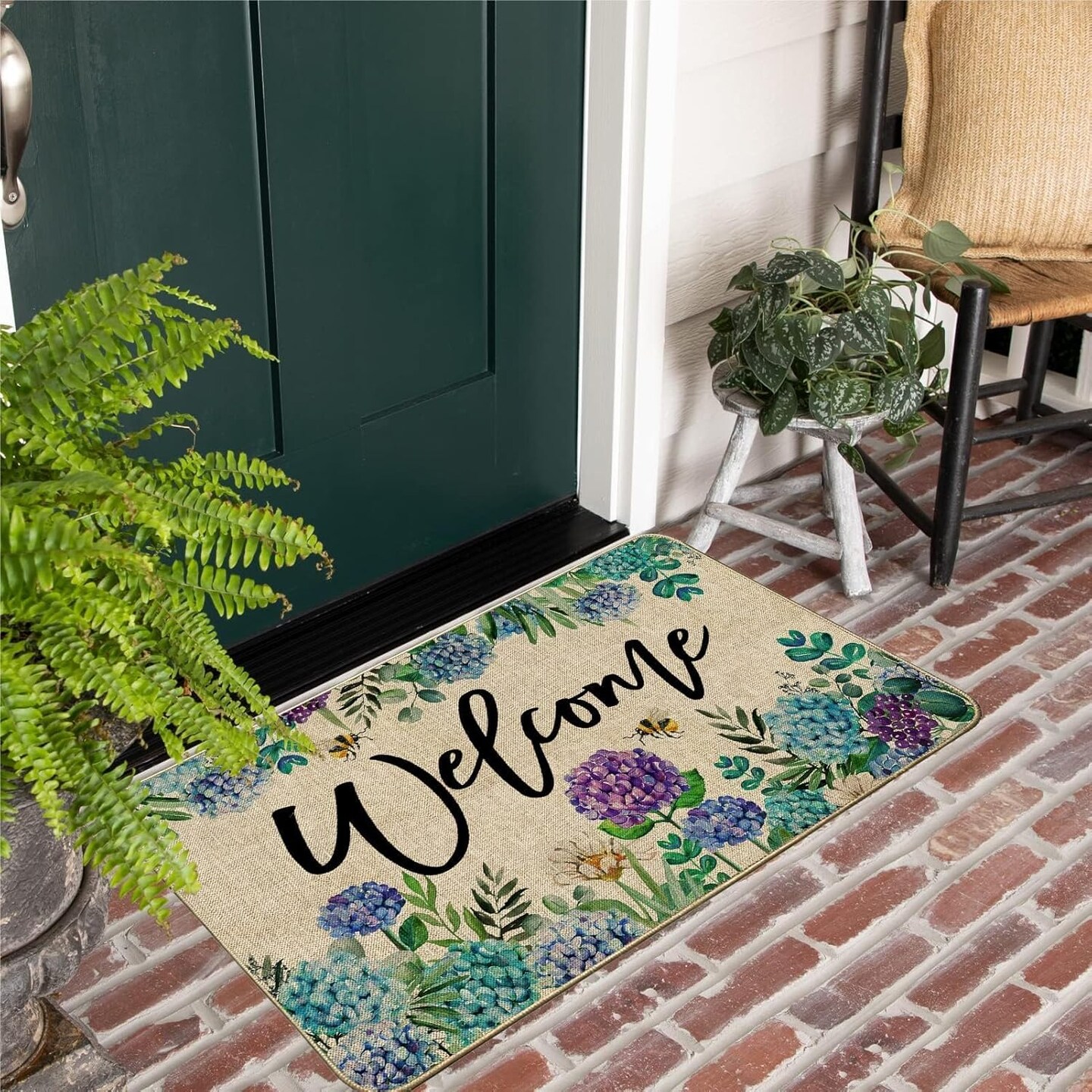 Spring Summer Hydrangea Doormat Outdoor Rug Purple Blue Flower Floral Front Welcome Decorative Door Mat Anti-Slip Rubber for Seasonal Kitchen Entrance Indoor Floor Decoration 17 x 29 Inch