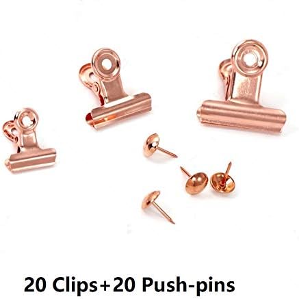20 Pack Metal Clips with 20 Push-pins for Corkboard,Bulldog Clips for Hanging Pictures,Small Hinge Clips for Photos Crafts,Mini Binder Clips Paper File Clamps(1.25 Inch,Rose Gold)