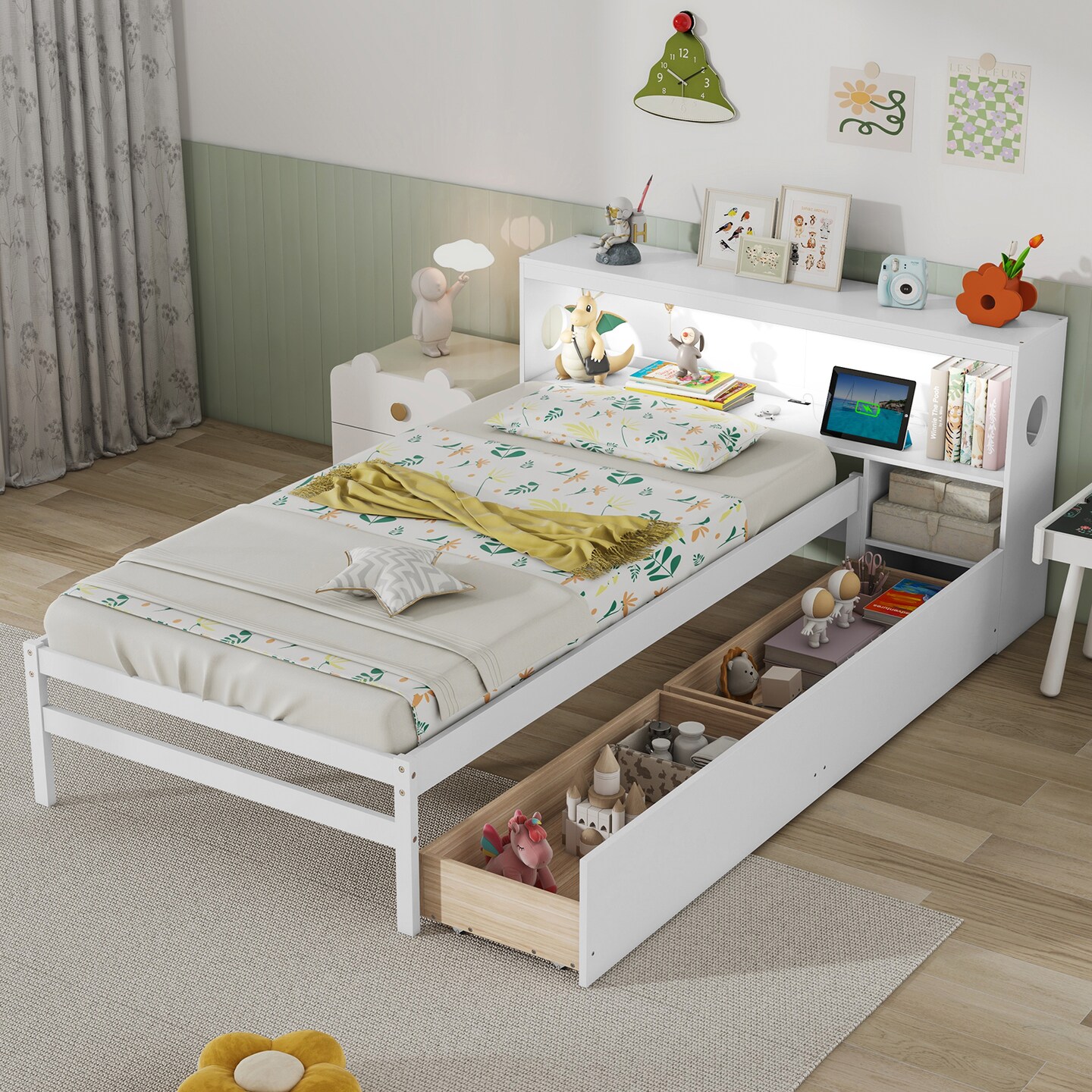 Solid Wood Bed with Storage Headboard, LED Light, USB Ports and Drawers