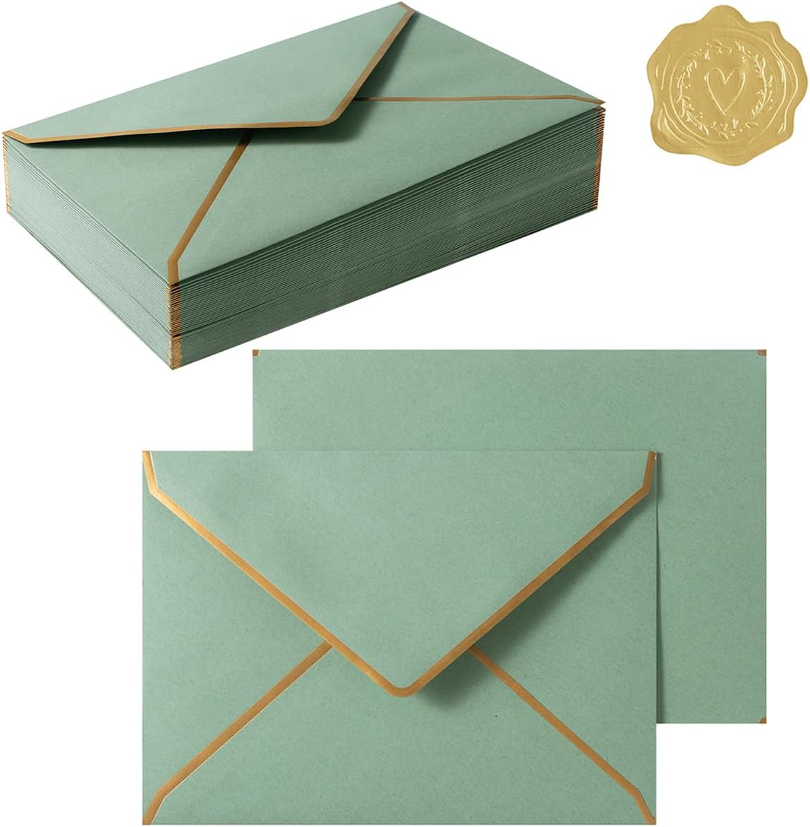 50-Pack A7 Sage Green Envelopes 5.24x7.21” – Gold Border with Stickers for Invitations