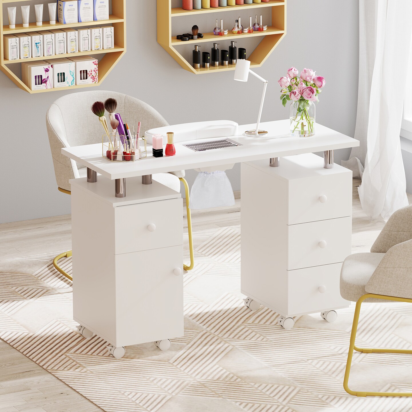 Manicure Table with Dust Collector, Storage and Wrist Rest Cushion