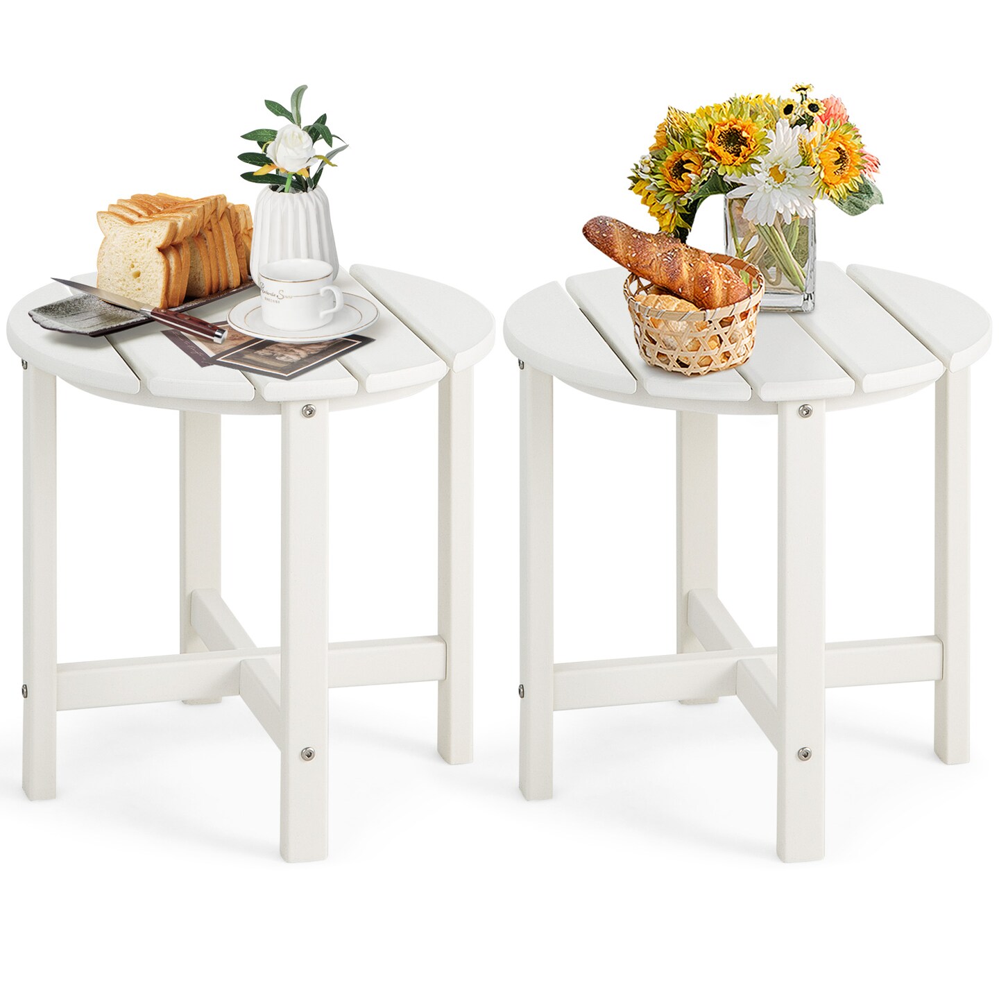 18 Inch Set of 2 Round Outdoor Adirondack Side Tables with Slatted Design and X-Shaped Structure