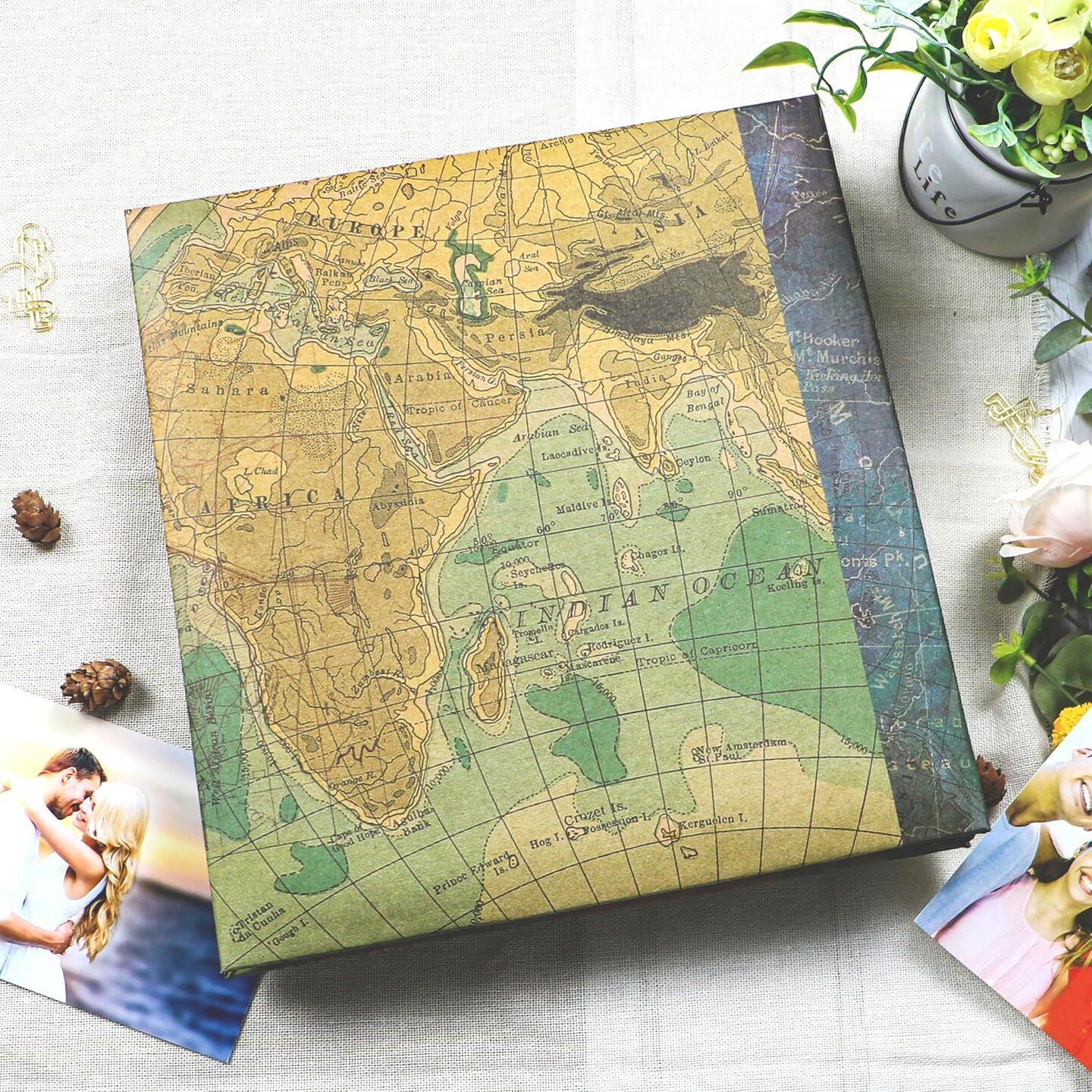 Adventure Scrapbook Album with Metallic Pen Magnetic Self-Stick Page Scrapbook for 3x5 4x6 5x7 6x8 8x10 Hand Made DIY 40 Pages Albums, Printed Kraft Paper Cover Memory Book (Map with Window)