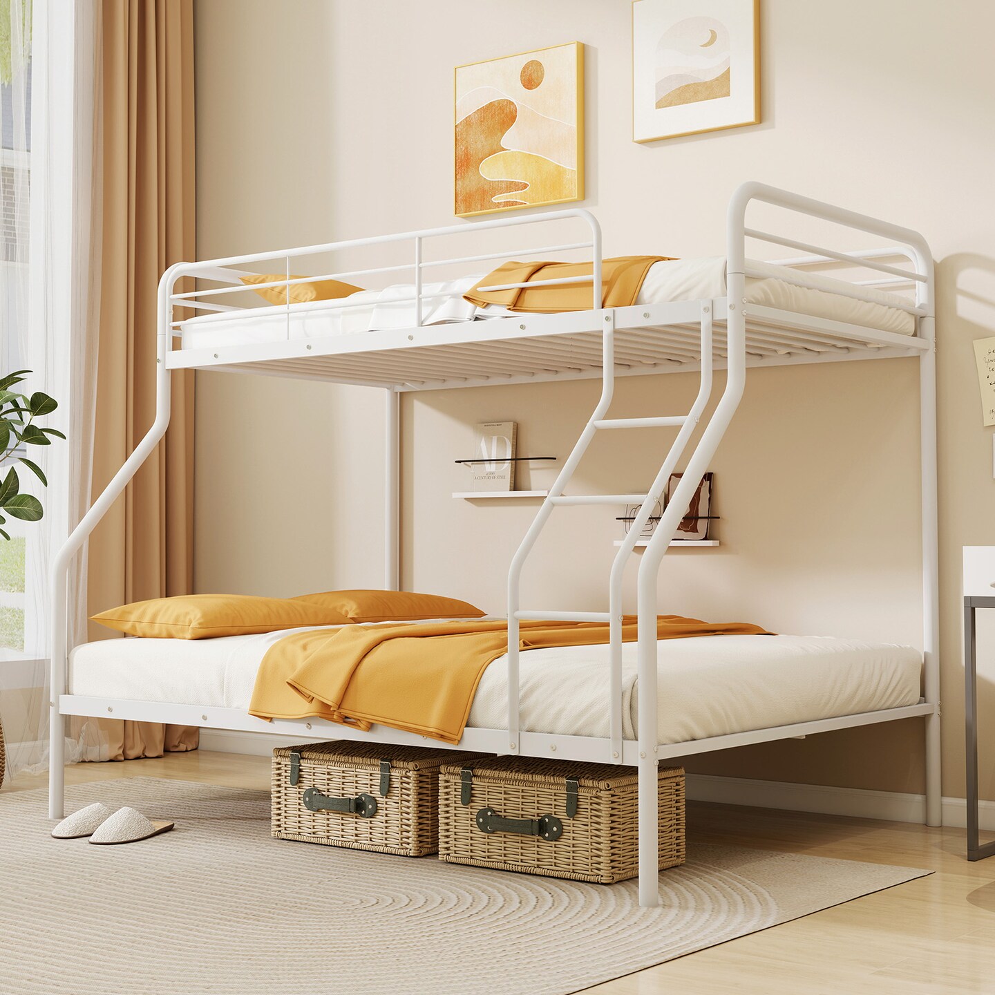 Twin Over Full Metal Bunk Bed with Guardrails, Ladder, Storage Space and Sturdy Construction
