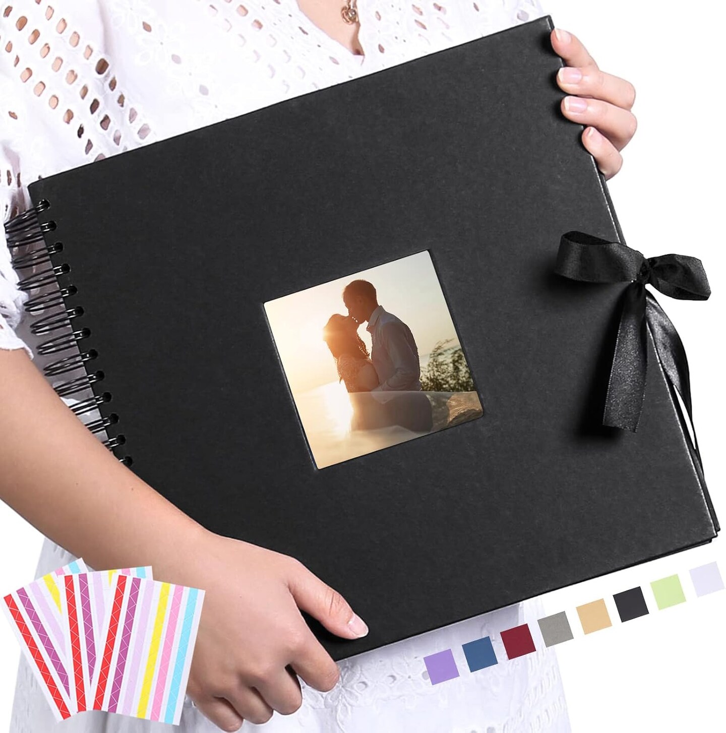 Scrapbook Photo Album with Corner Stickers DIY with Cover Photo Pocket 80 Pages Silk Ribbon Hardcover Album for Guest Book Wedding Baby Shower Christmas Black