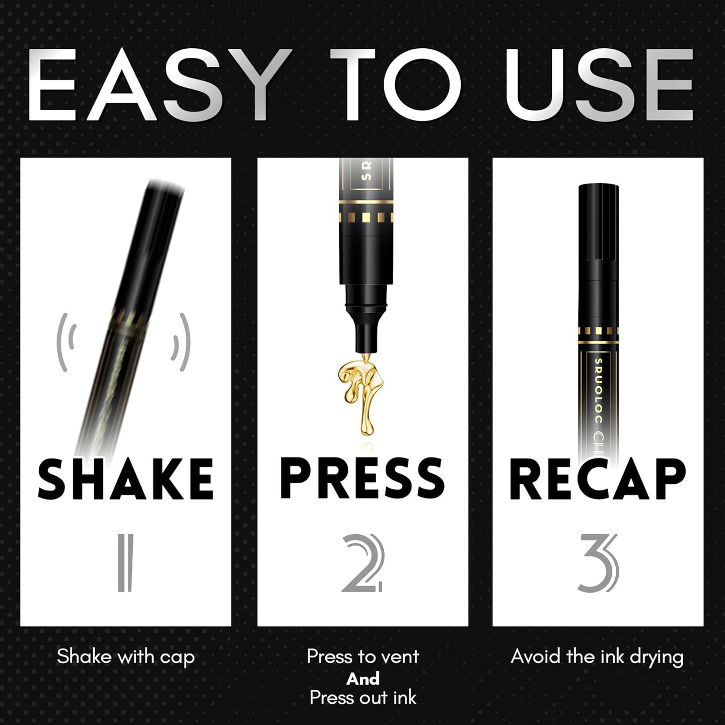 3Pcs Liquid Gold Paint Markers, Oil-based Permanent Chrome Maker, Gloss Mirror Marker Repairing, Reflective Metallic Pen Markers for Touch Up Model Painting DIY Art Projects, Gold