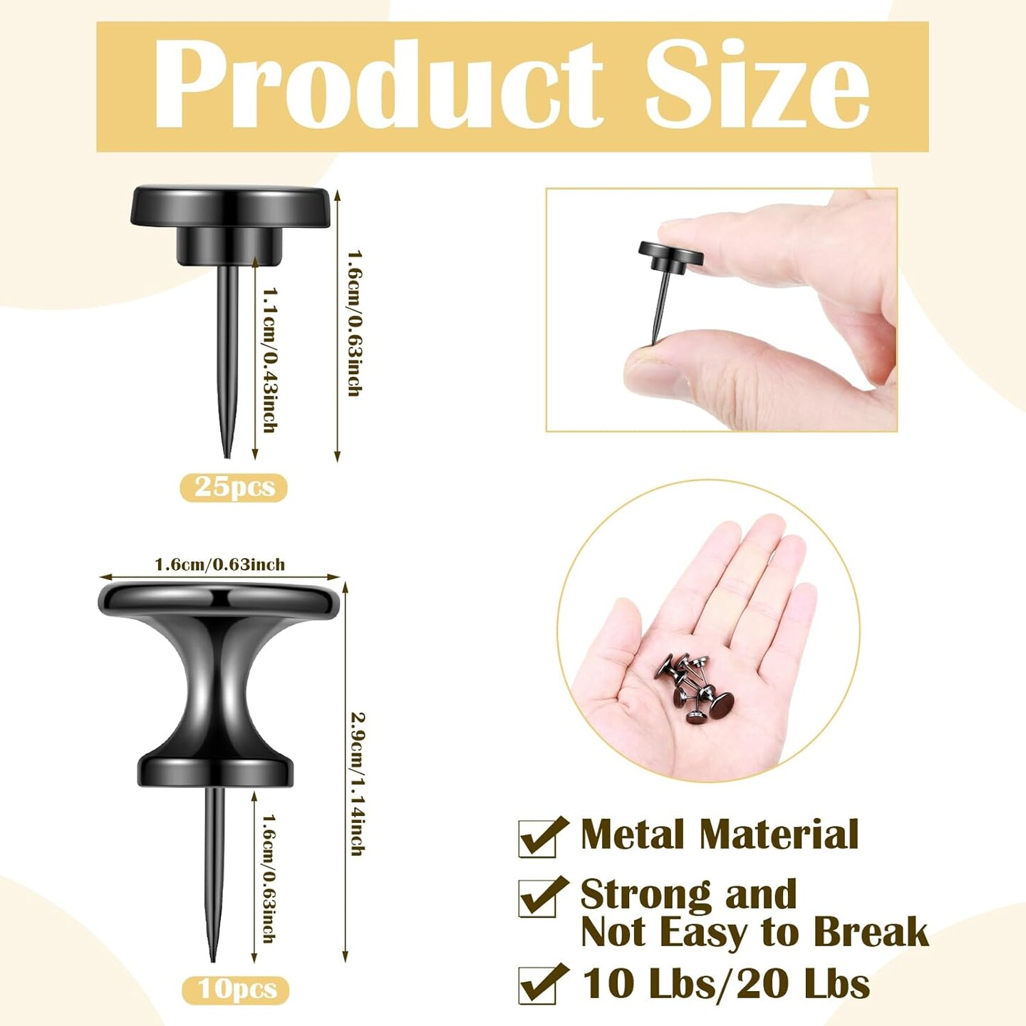 Metal Push Pins, 35 Pieces Large Double Headed Picture Hanging Nails and Black Thumb Tacks for Wall Cork Board Poster Hanging, Wall Pins Wall Tacks for Office Home Decor
