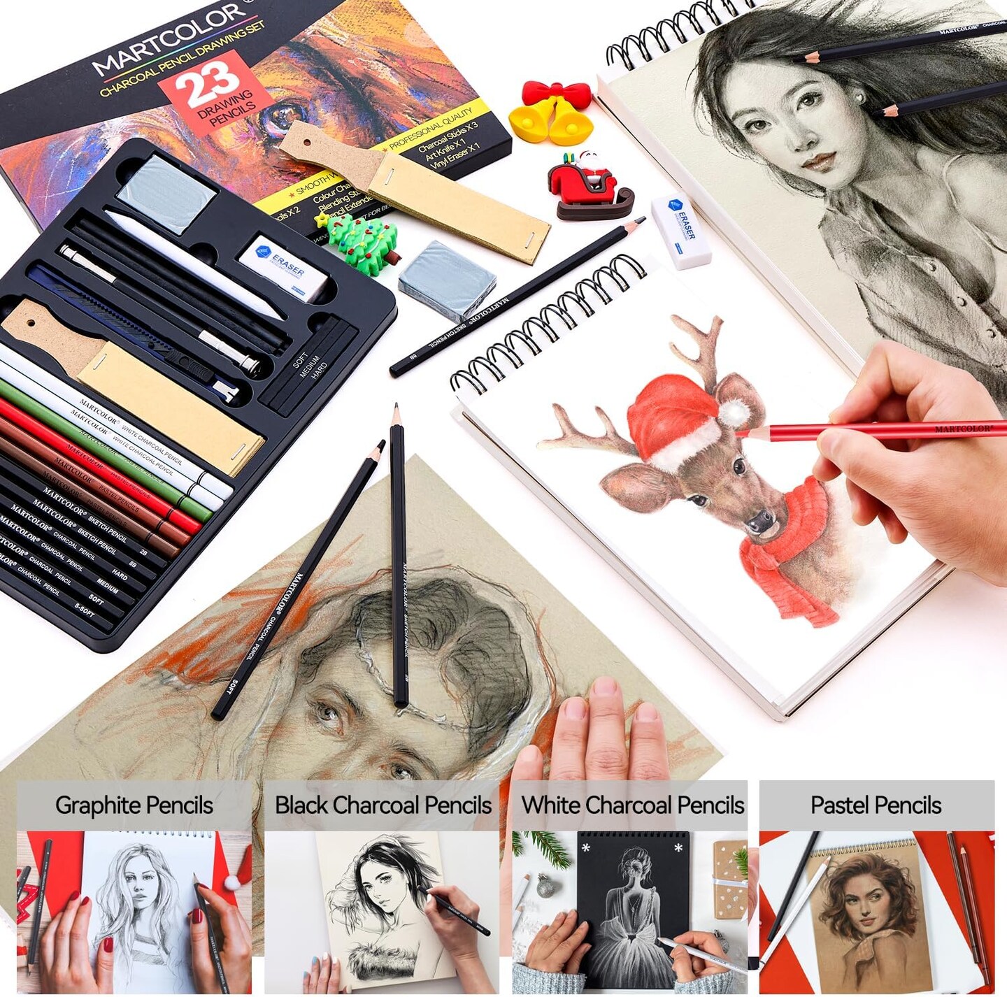 Charcoal Drawing Set, Set of 23, Graphite Pencils, Black &#x26; White Charcoal Pencils for Drawing, Sketching, Shading, Blending, Artist Pencils for Beginners &#x26; Pro Artists